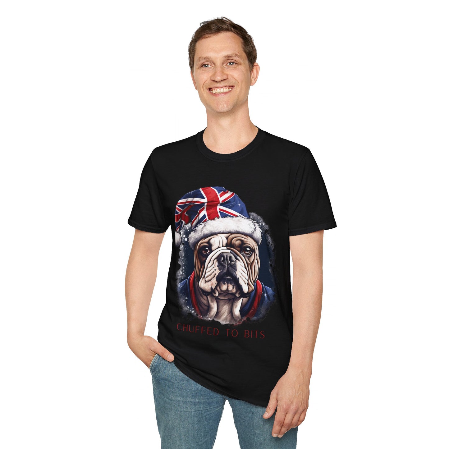 English Bulldog, Chuffed To Bits T-Shirt, British Union Jack, Mens Womans Unisex Shirt Softstyle T-Shirt Teeshirt Anglophile