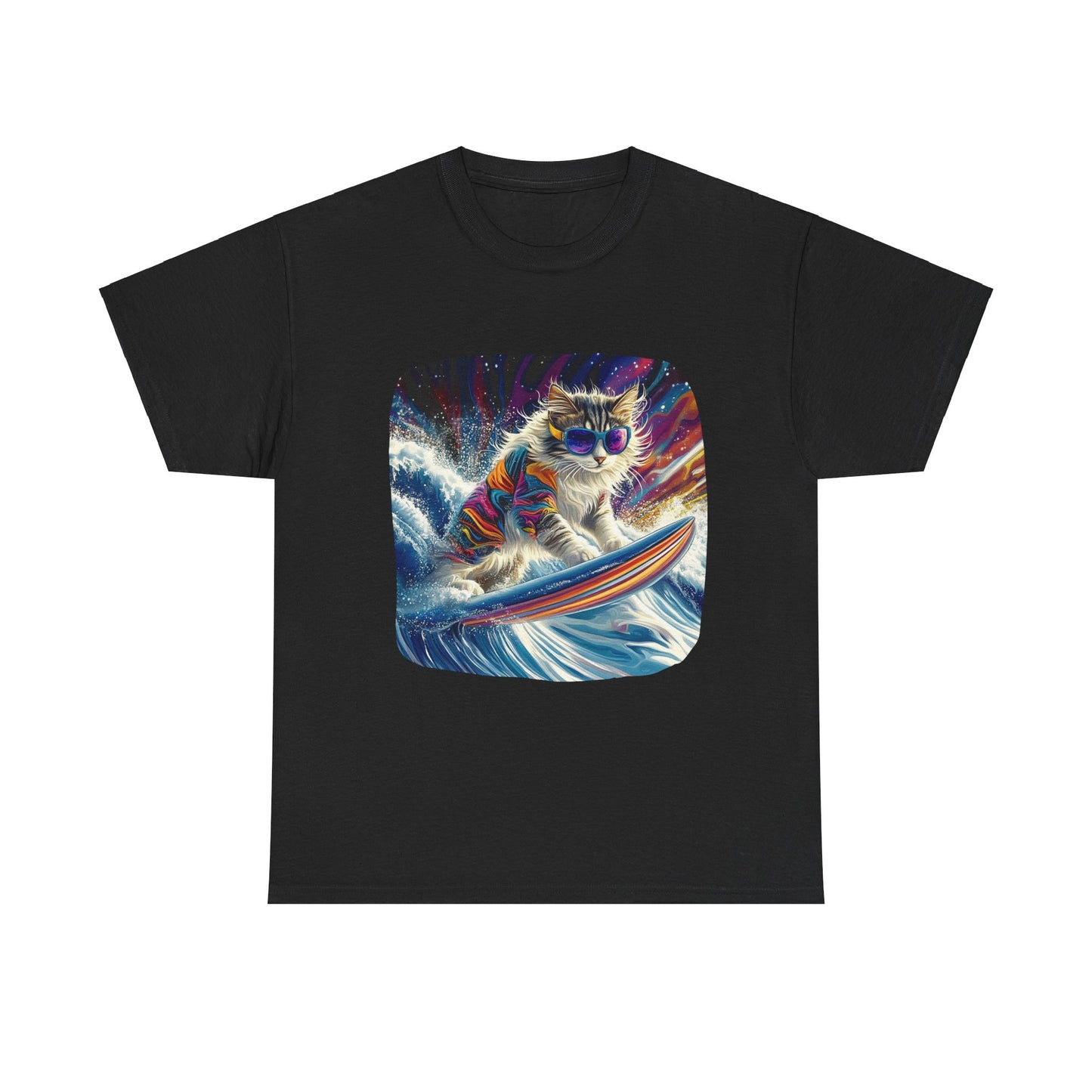 Rip Girl Surfing Surfer Cat, Cat on Surfboard Graphic Tee- Water Sports Cat (V1) Cat Art Gift - Cool Cats Unisex Heavy Cotton Tee T-Shirt