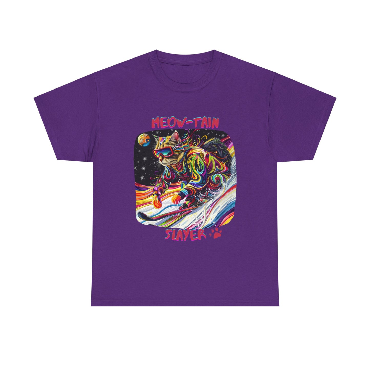 Meow-tain Slayer - Ski, Snow, Snowboard Winter Sports Cat Cat Art Graphic Tee, Ski Gift - Cool Cats Unisex Heavy Cotton Tee T-Shirt