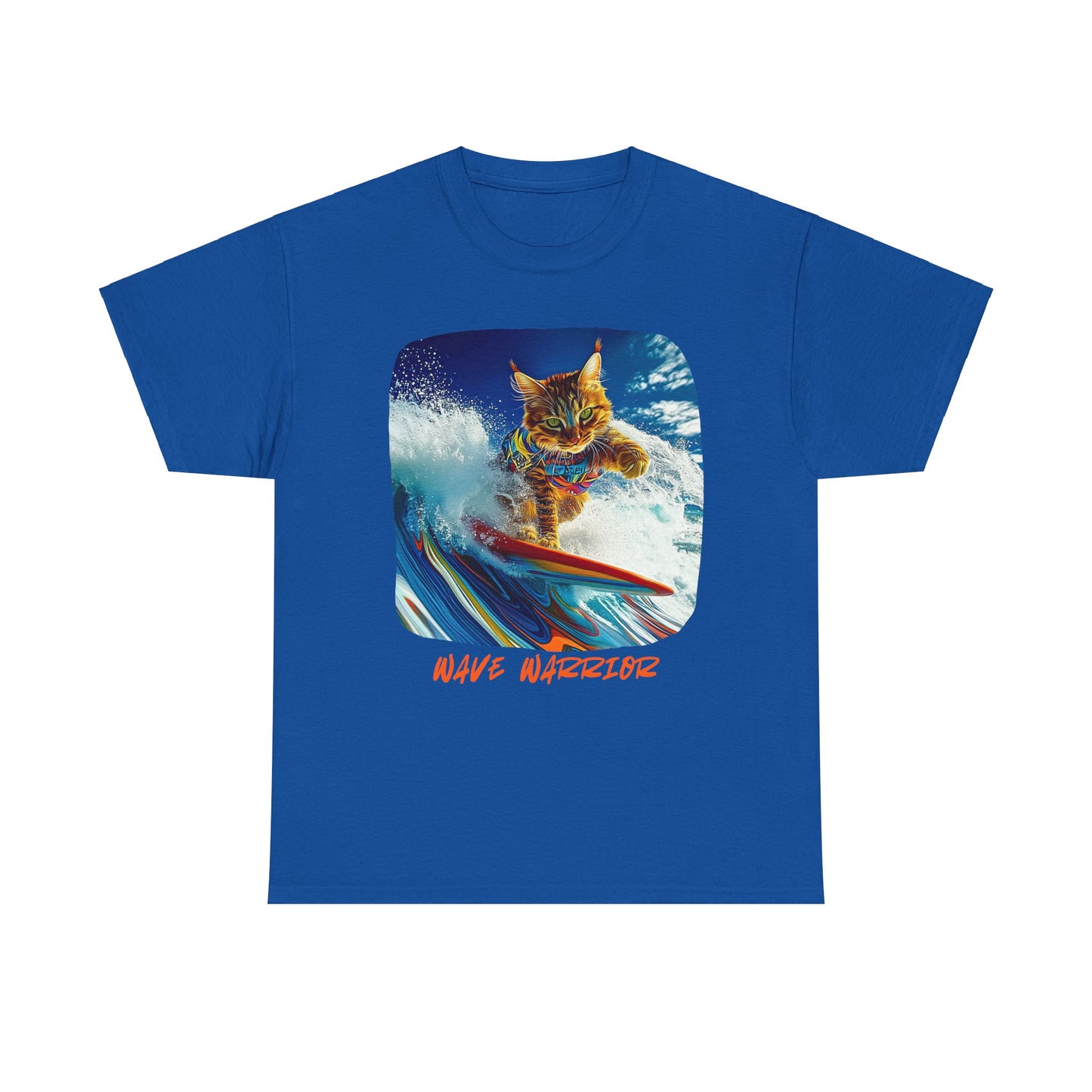 Wave Warrior Surfer Surfing Cat, Cat on Surfboard Graphic Tee reads "Wave Warrior" Surf Life Cat ,Art Gift - Cool Cats Unisex Heavy Cotton Tee T-Shirt
