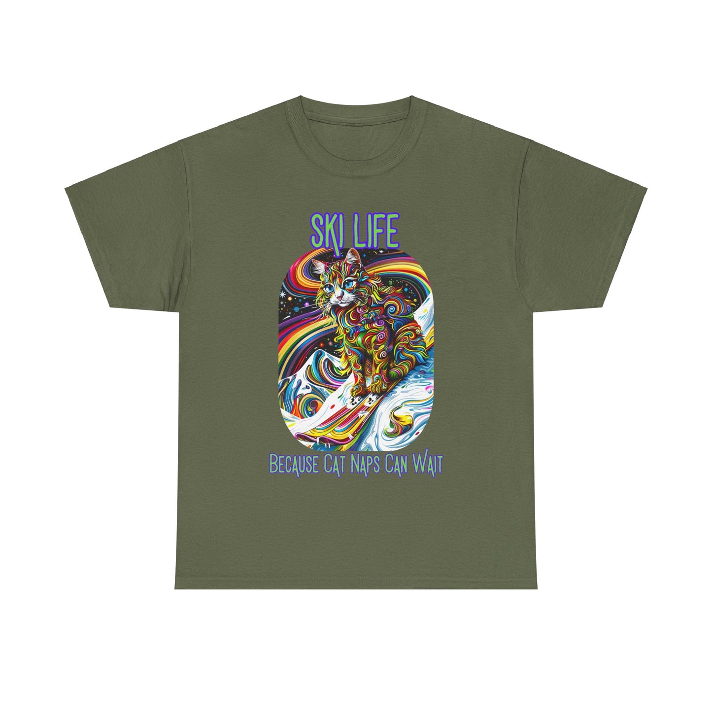 Ski Life- Because Cat Naps Can Wait - "Ski,, snow, Snowboard Winter Sports Cat (V2) Cat Art Gift -Cool Cats Graphic Tee Unisex Heavy Cotton Tee T-Shirt