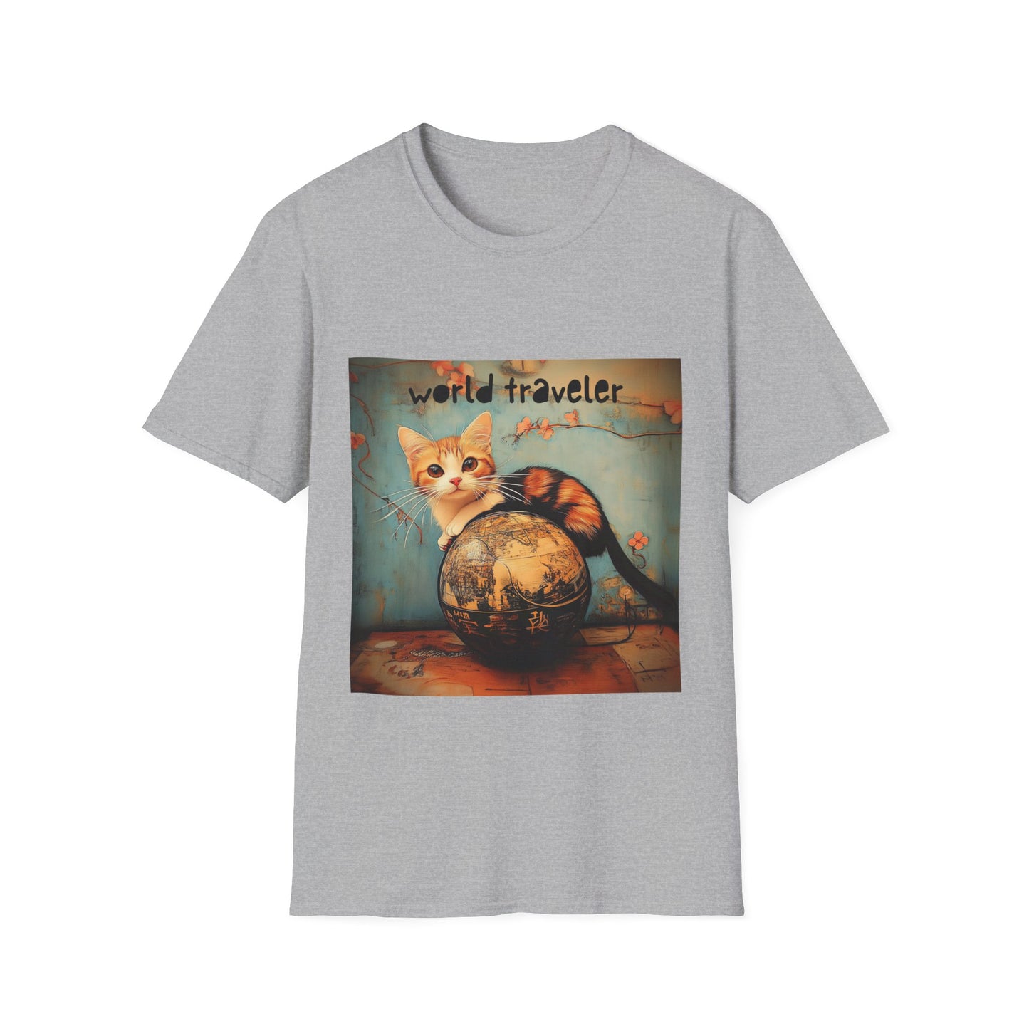 World Traveler Cute Cat Shirt, Cat Lover's Gift Graphic Tee Shirt, Text Reads "World Traveler" Unisex Softstyle T-Shirt Tee Teeshirt Retro