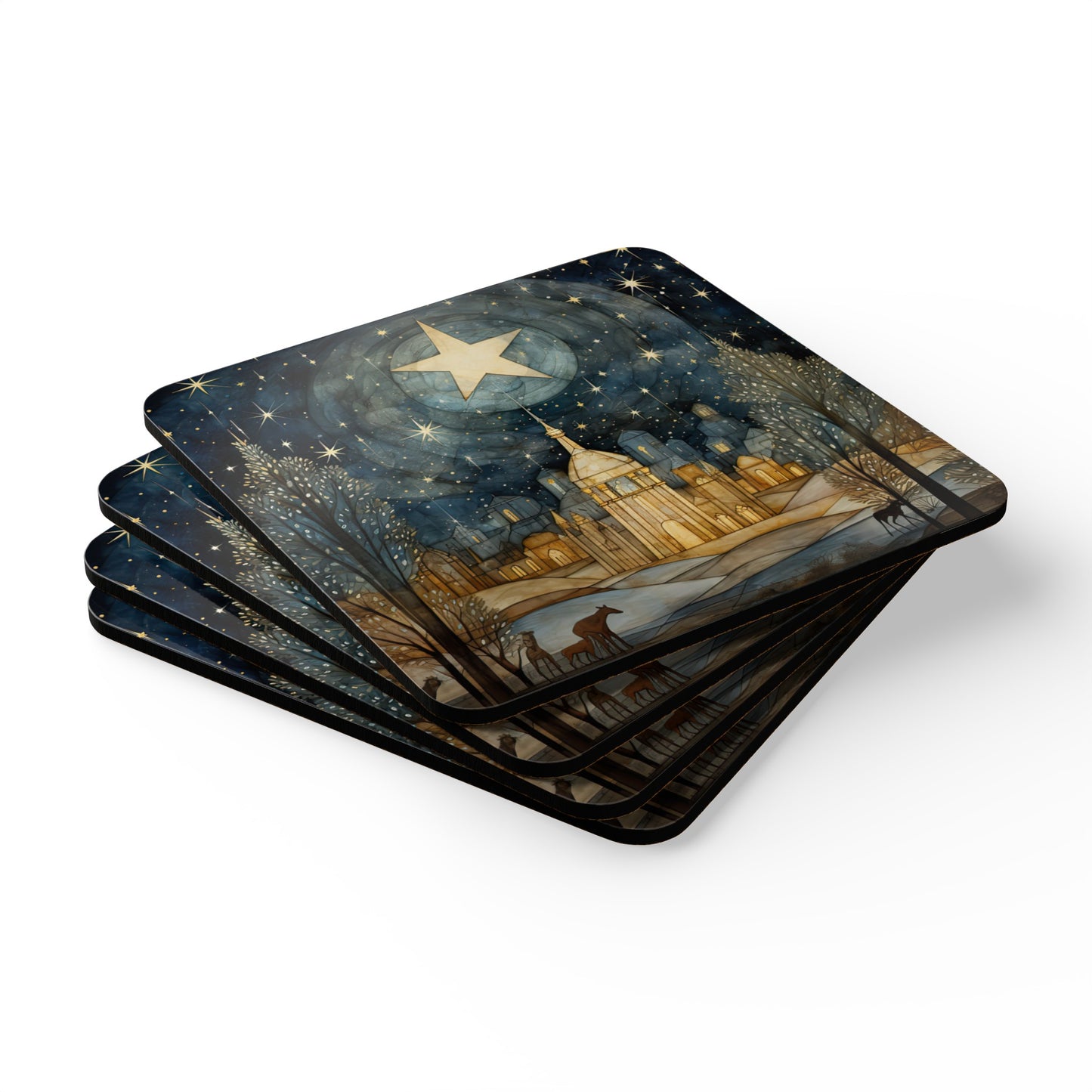 Winter Star, Starry Night Sky Folk Art Gift, Corkwood Coaster Set - Christmas Gift