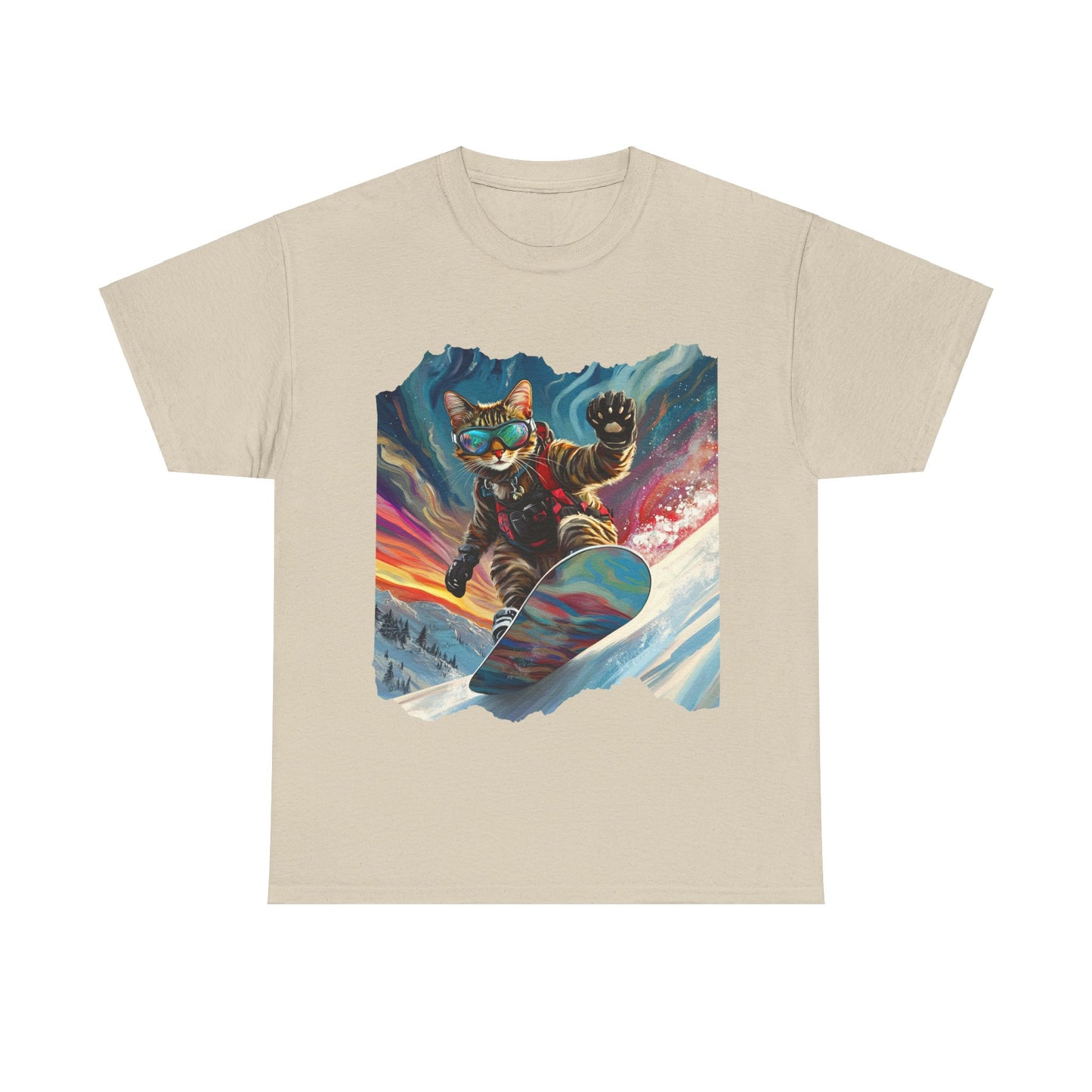 Snowboard Cat, Winter Ski Cat Art Gift - Cool Cats Unisex Heavy Cotton Tee T-Shirt
