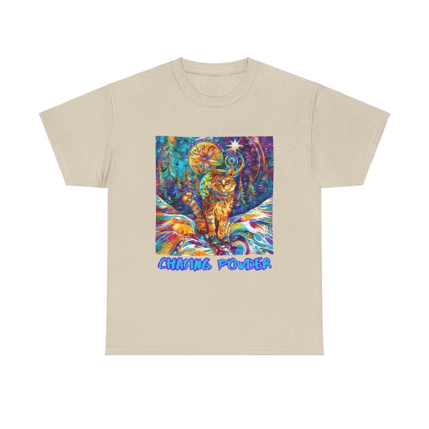 Chasing Powder - Snow, Snowboard Winter Sports Cat (V3) Cat Art Graphic Tee, Ski Gift - Cool Cats Unisex Heavy Cotton Tee T-Shirt
