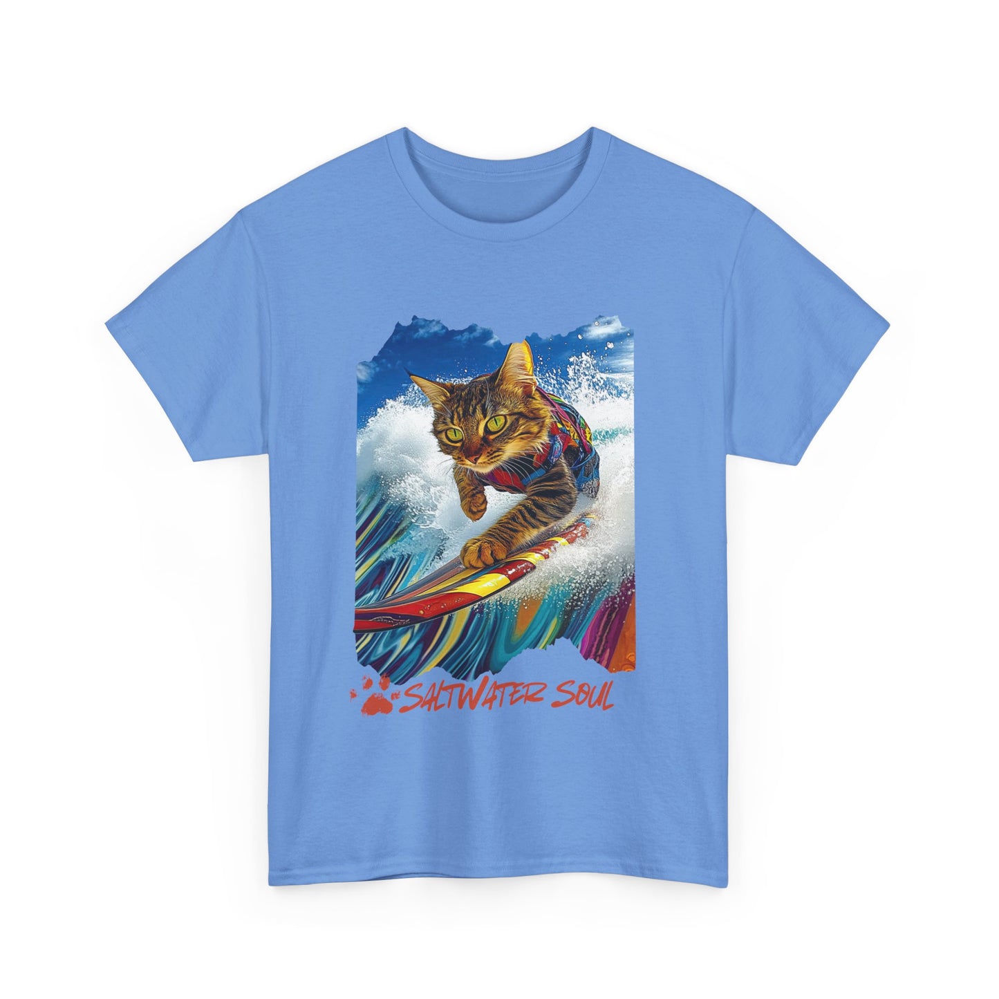 Saltwater Soul Surfer Cat, T-shirt, Cat on Surfboard Graphic Tee- Water Sports Cat Cat Art Gift - Cool Cats Unisex Heavy Cotton Tee T-Shirt