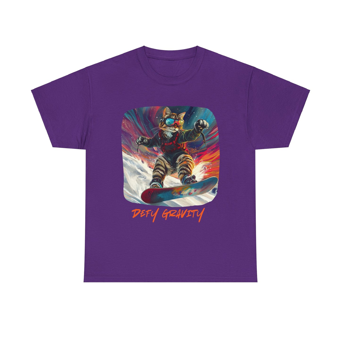Defy Gravity Snowboard Cat Graphic Tee - Extreme Winter Sports Ski Cat Art Gift - Cool Cats Unisex Heavy Cotton Tee T-Shirt