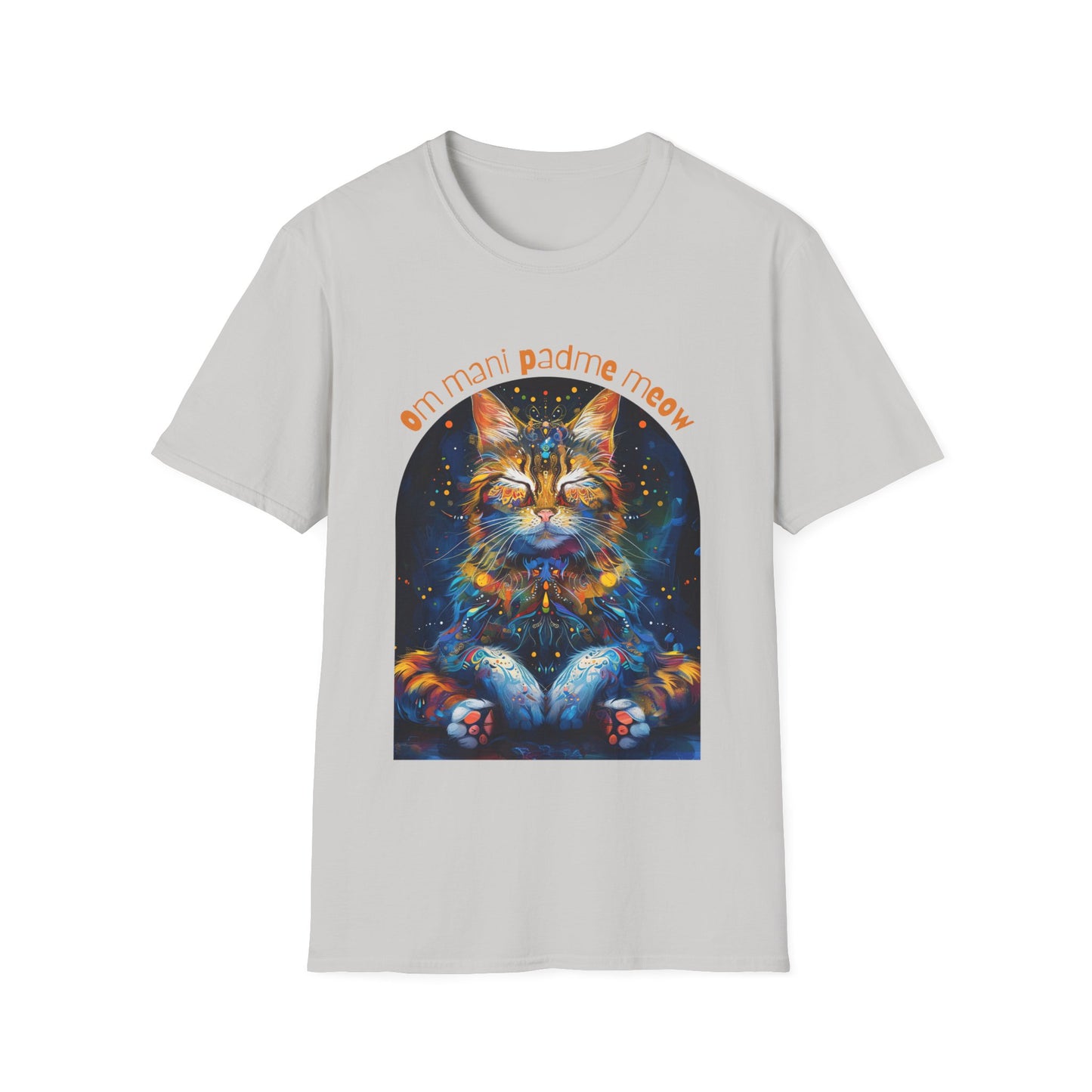 Om Mani Padme Meow (Ver 3) - Meditating Cat Shirt, Cat Lover's Graphic Tee Graphic Unisex T- Shirt, T-Shirt Cat Lovers Gift Softstyle T-Shirt Tee Teeshirt Stylized Cat