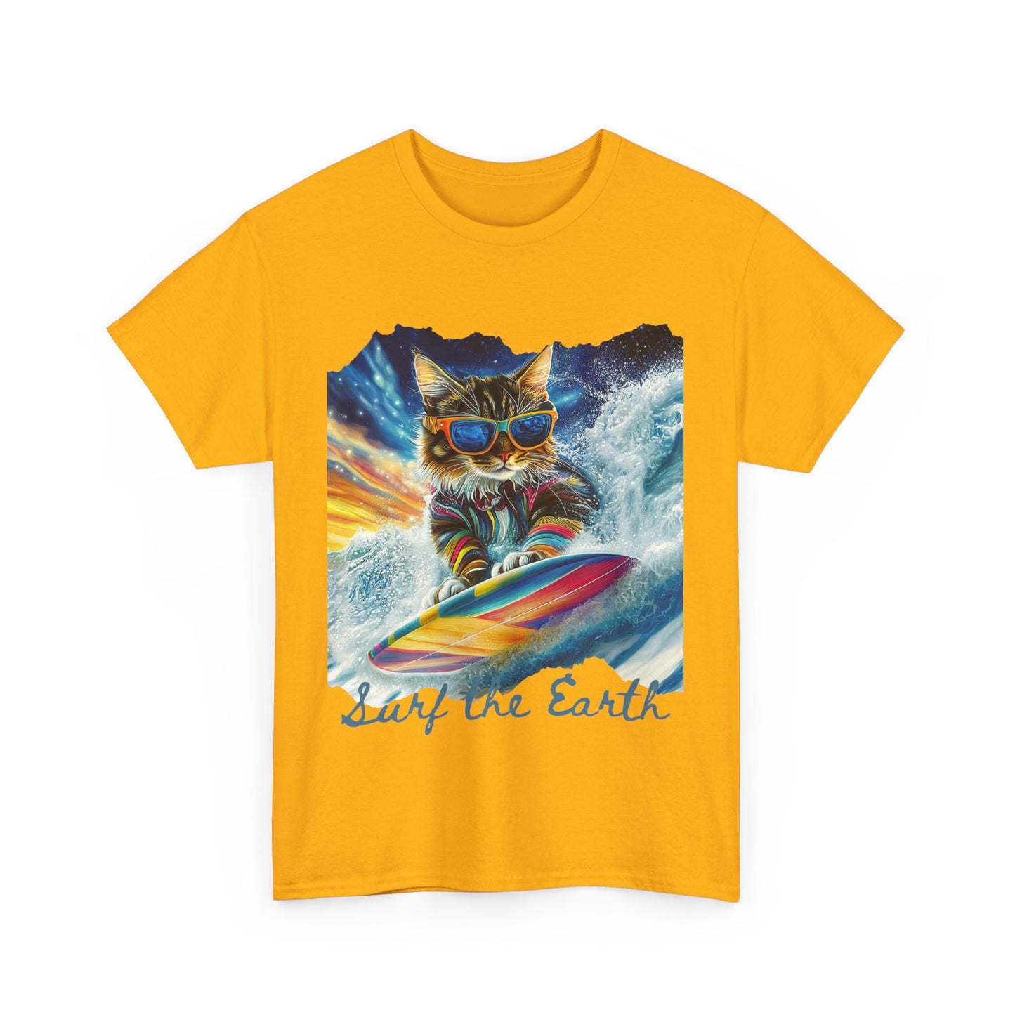 Surf Surfer Cat, "Surf the Earth", Cat on Surfboard Graphic Tee- Water Sports Cat (V1) Cat Art Gift - Cool Cats Unisex Heavy Cotton Tee T-Shirt