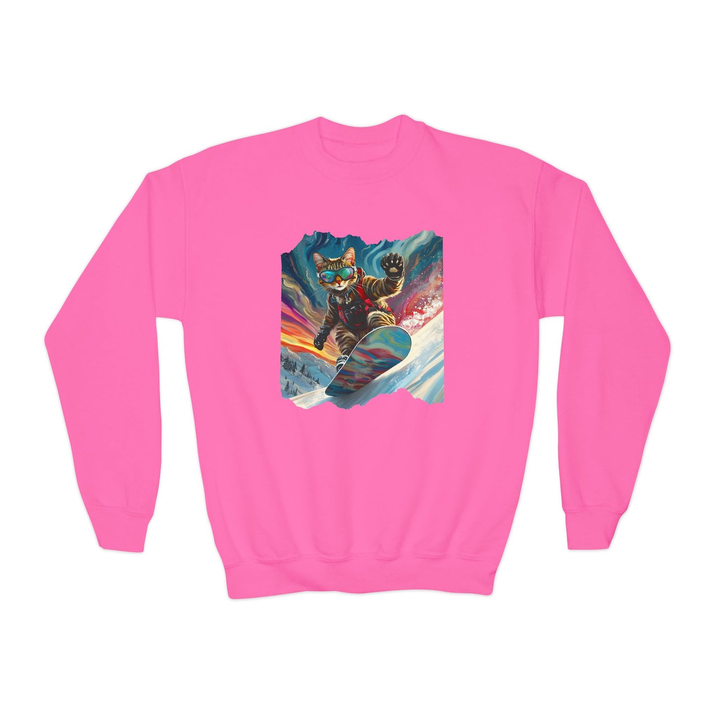 Shredding Snowboard Cat for Kids Sweatshirt - Colorful Snowboard Kitty, Kids Youth Crewneck Sweatshirt
