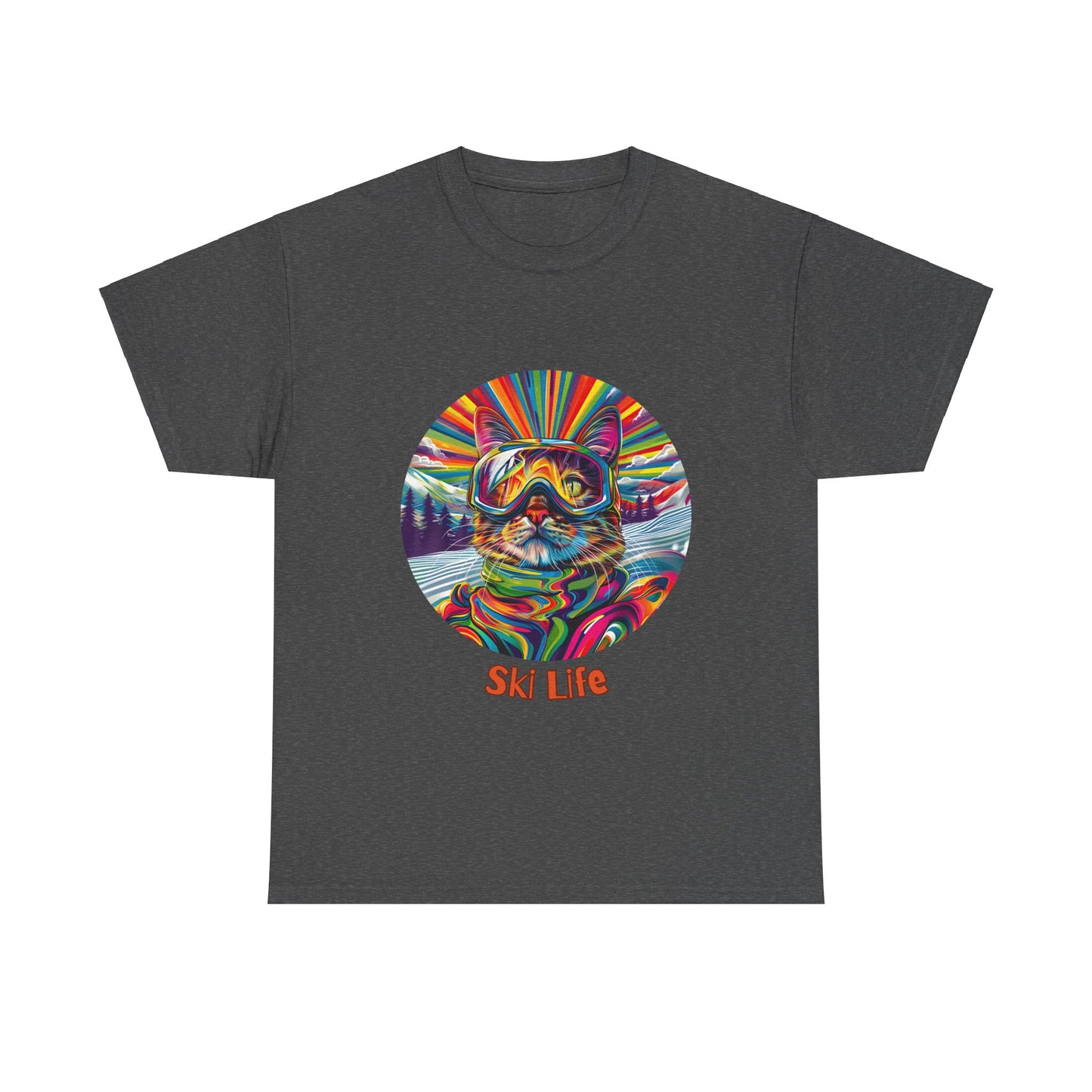 Ski Cat - "Ski Life" Snow, Snowboard Winter Sports Cat (V6) Cat Art Gift - Cool Cats Unisex Heavy Cotton Tee T-Shirt