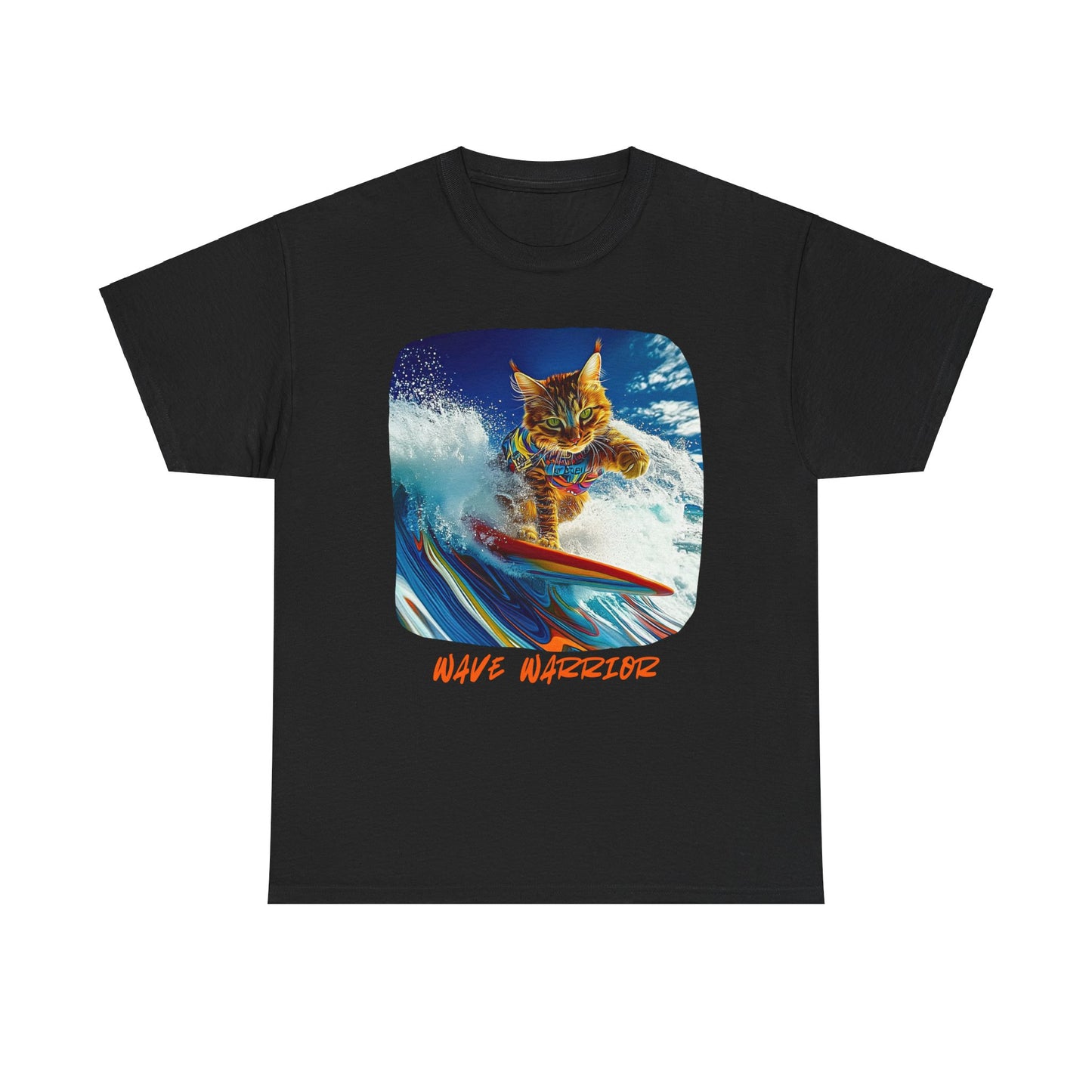 Wave Warrior Surfer Surfing Cat, Cat on Surfboard Graphic Tee reads "Wave Warrior" Surf Life Cat ,Art Gift - Cool Cats Unisex Heavy Cotton Tee T-Shirt