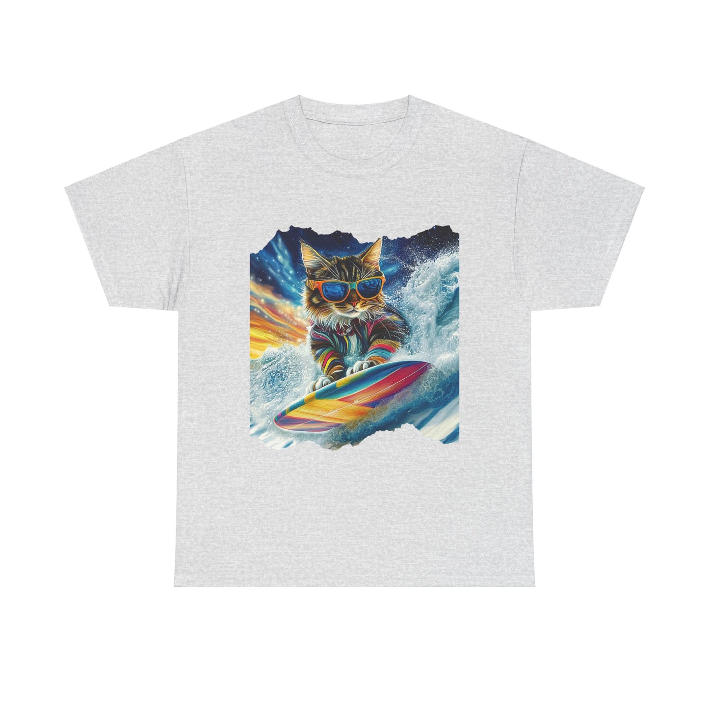Surfer Surfing Cat, (Ver 2) Cat on Surfboard Graphic Tee- Water Sports Cat (V1) Cat Art Gift - Cool Cats Unisex Heavy Cotton Tee T-Shirt