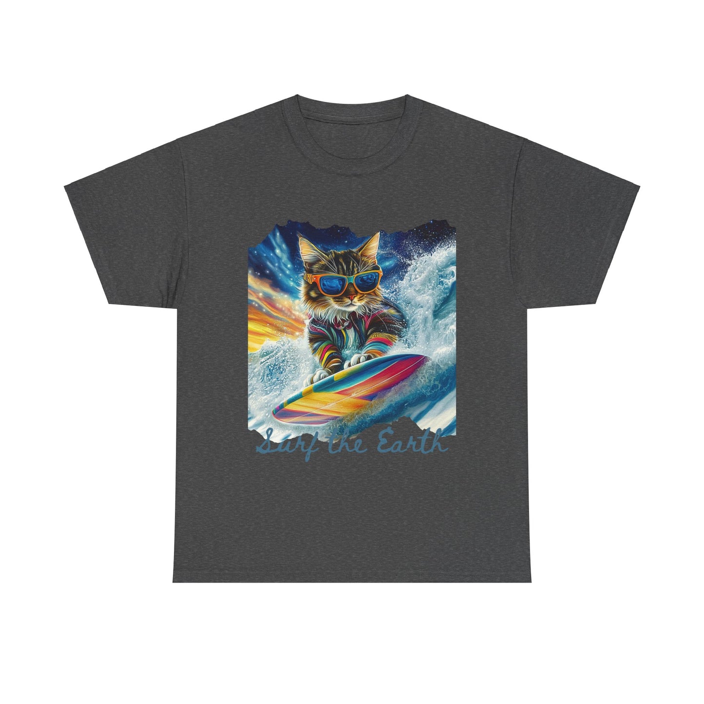Surf Surfer Cat, "Surf the Earth", Cat on Surfboard Graphic Tee- Water Sports Cat (V1) Cat Art Gift - Cool Cats Unisex Heavy Cotton Tee T-Shirt