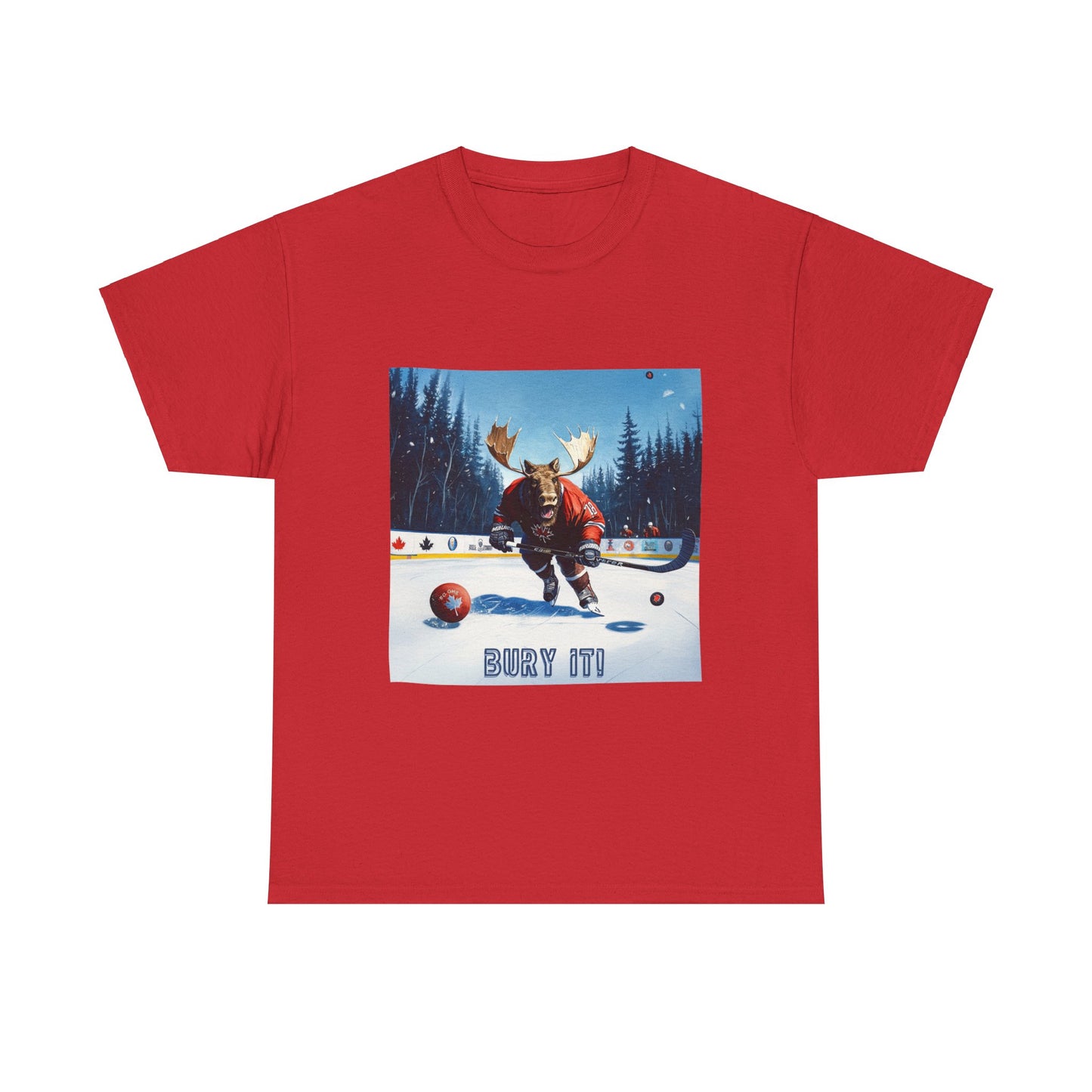 "Bury It" Hockey Player Moose - Moose Lover Hockey Graphic Tee Unisex Heavy Cotton Tee T-Shirt