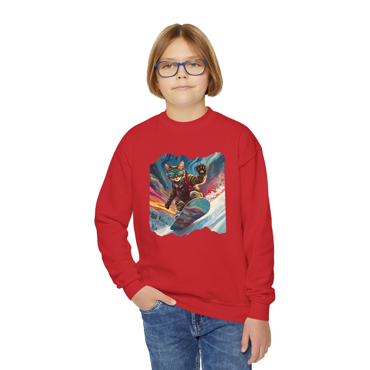 Shredding Snowboard Cat for Kids Sweatshirt - Colorful Snowboard Kitty, Kids Youth Crewneck Sweatshirt