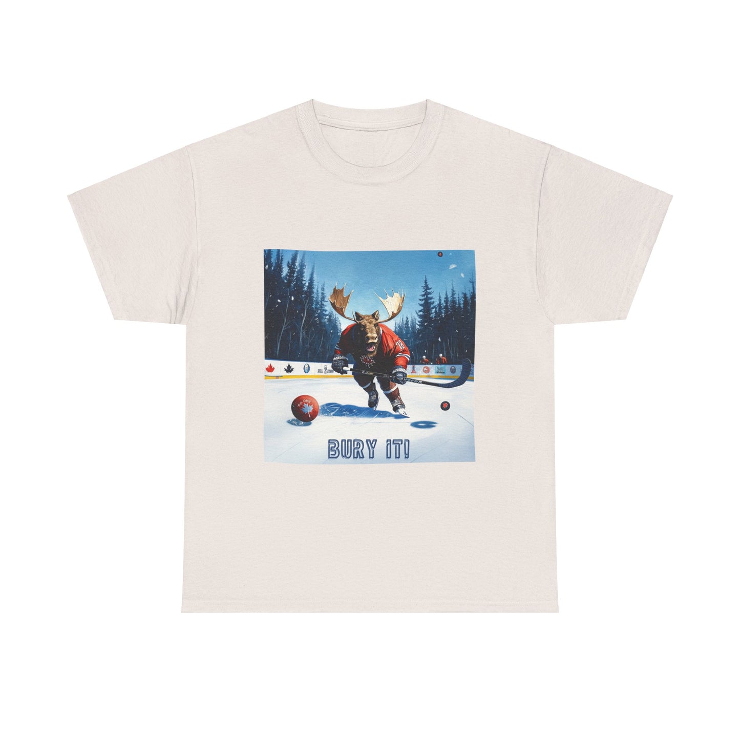 "Bury It" Hockey Player Moose - Moose Lover Hockey Graphic Tee Unisex Heavy Cotton Tee T-Shirt