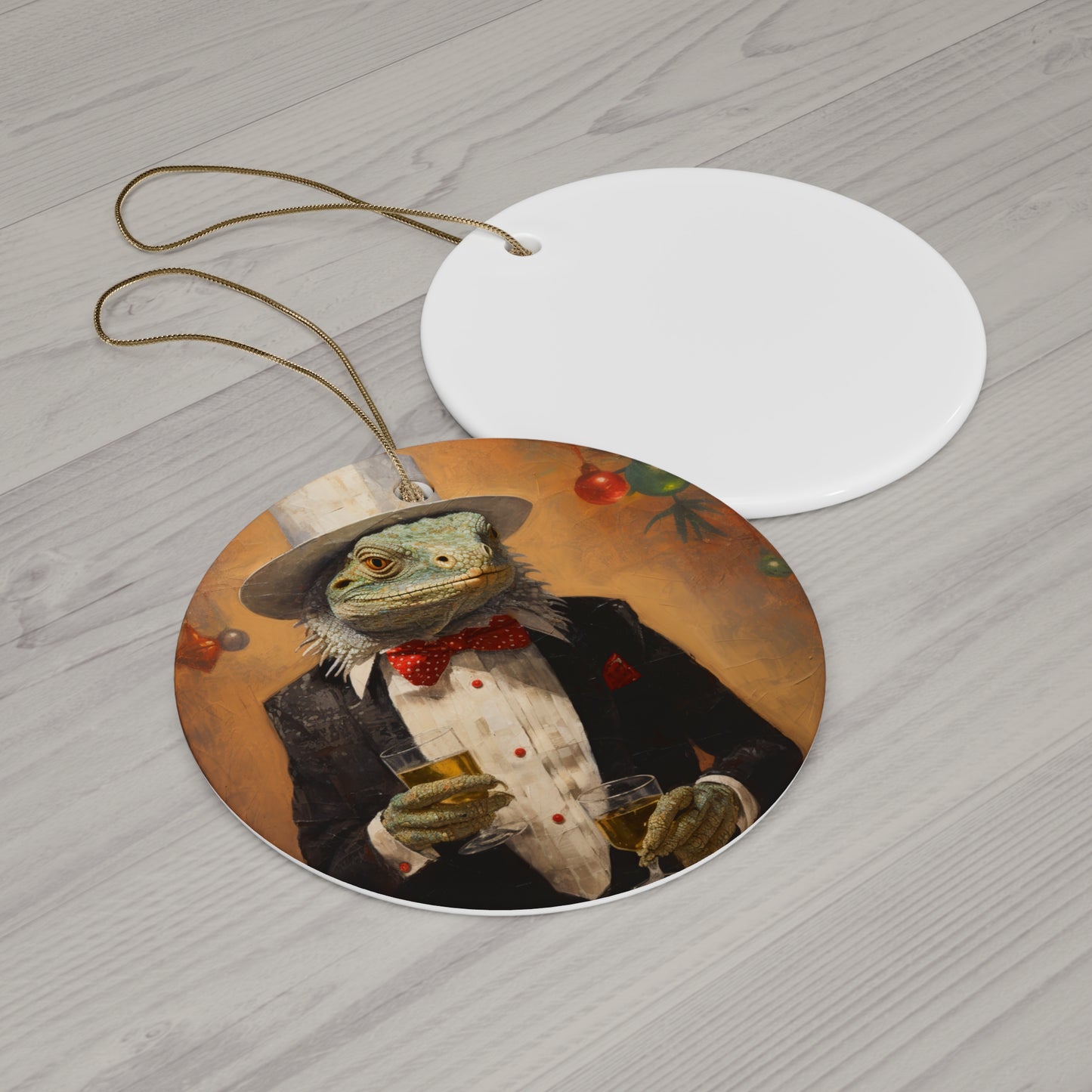 Holiday, Christmas New Years Drinking Gift, Christmas Cocktails Ornament, Lizard with Bowtie, Iguana, Reptile Lover Gift Ceramic Ornament
