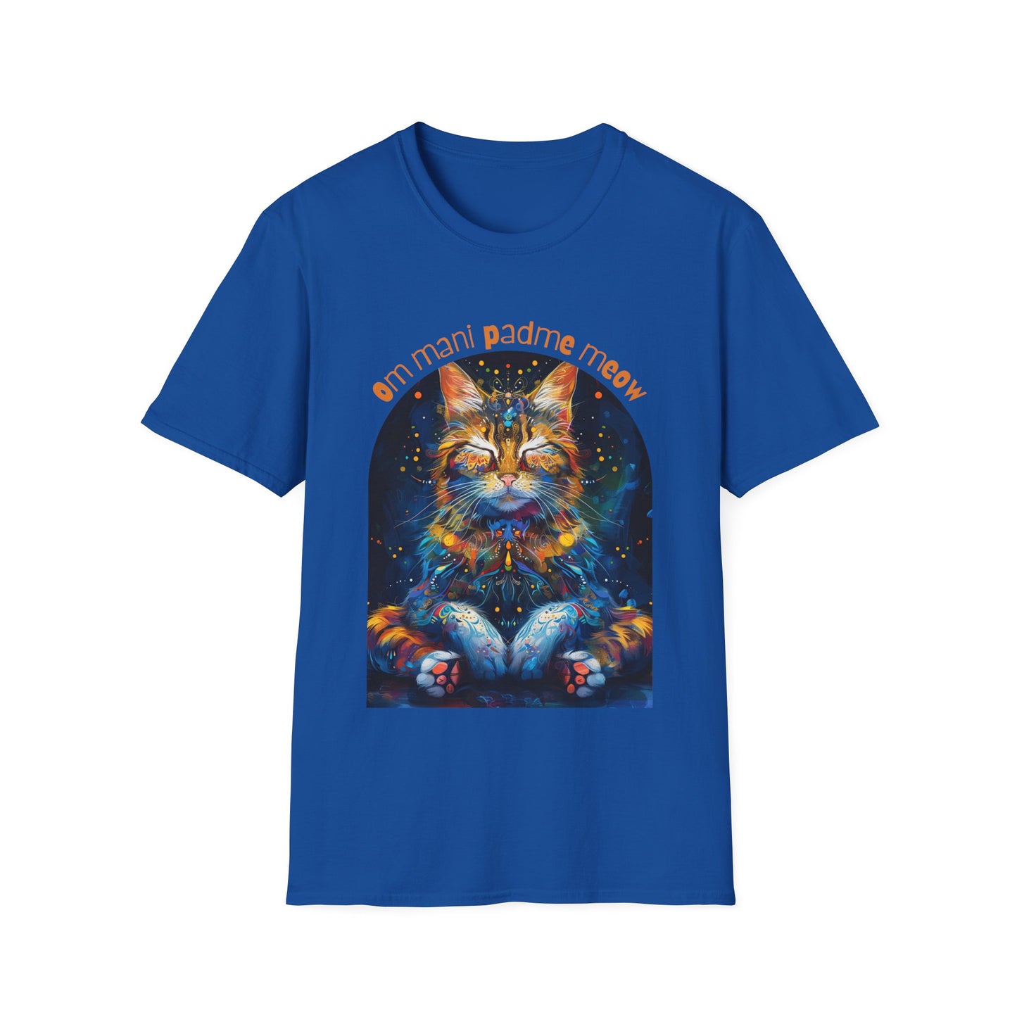 Om Mani Padme Meow (Ver 3) - Meditating Cat Shirt, Cat Lover's Graphic Tee Graphic Unisex T- Shirt, T-Shirt Cat Lovers Gift Softstyle T-Shirt Tee Teeshirt Stylized Cat