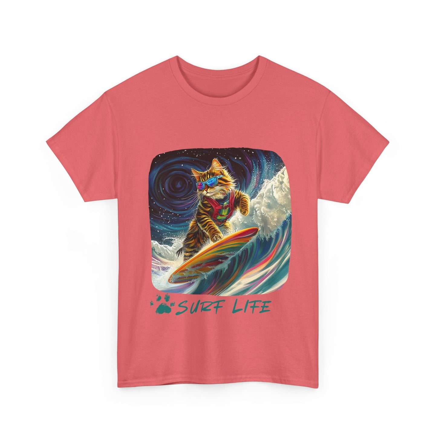 Surf LIfe - Surfer Surfing Cat Graphic Tee, Cat on Surfboard - Shirt reads "Surf Life" Cats Art Gift - Cool Cats Unisex Heavy Cotton Tee T-Shirt