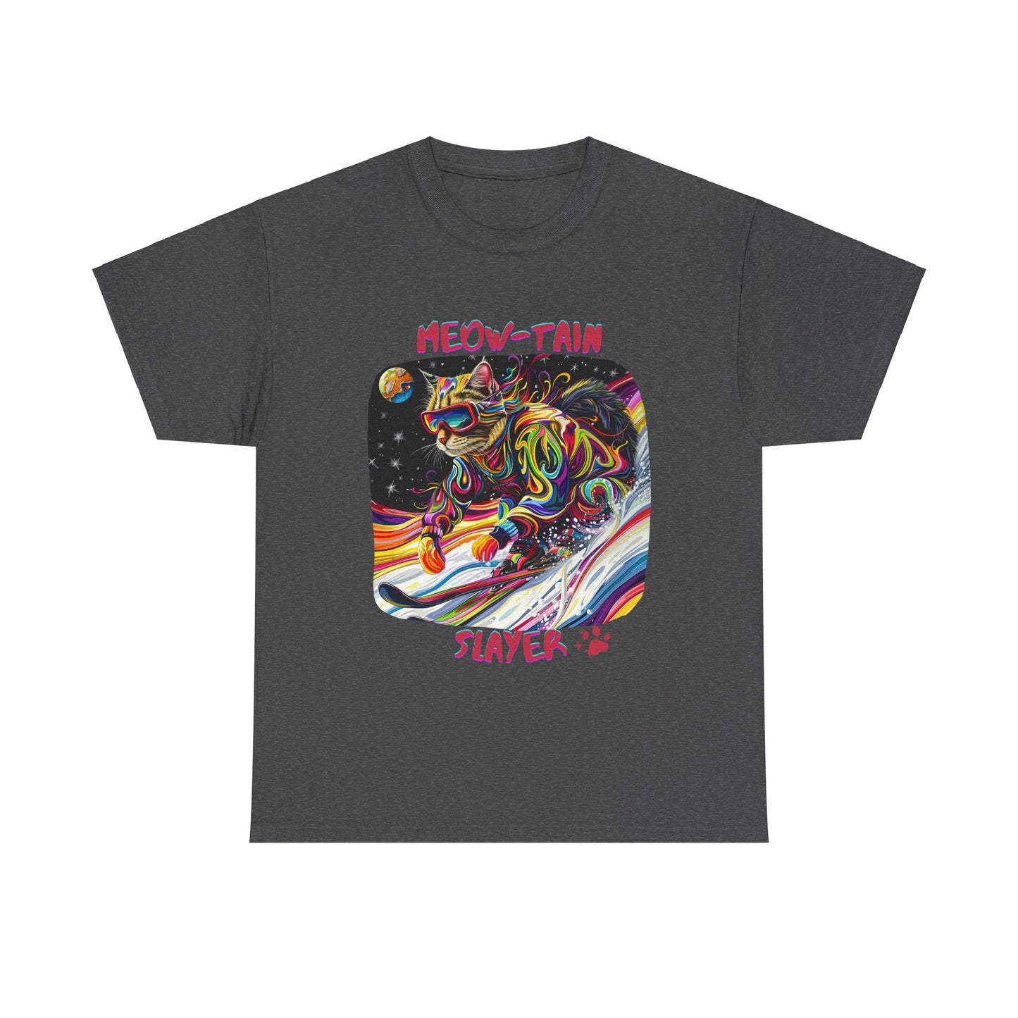 Meow-tain Slayer - Ski, Snow, Snowboard Winter Sports Cat Cat Art Graphic Tee, Ski Gift - Cool Cats Unisex Heavy Cotton Tee T-Shirt
