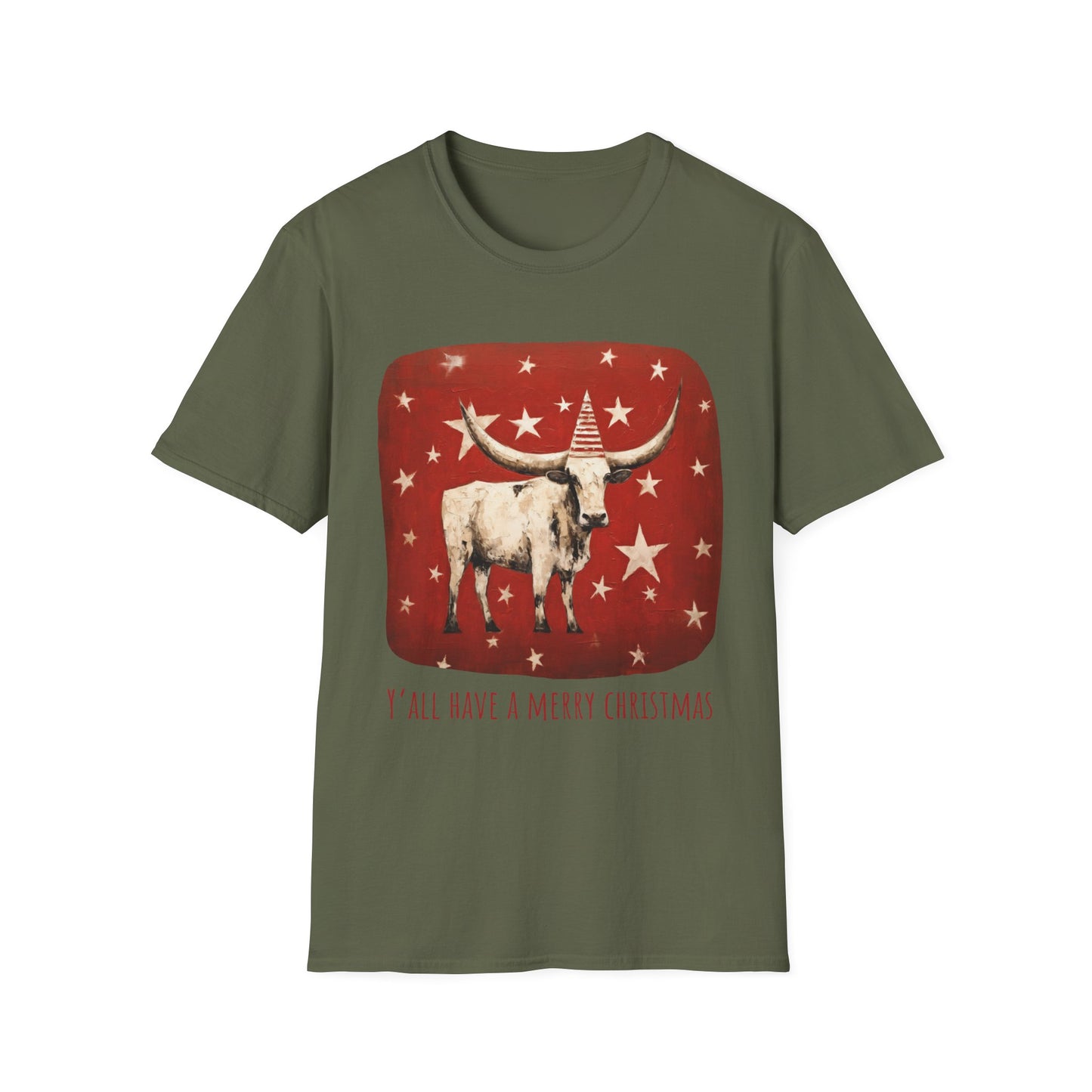 "Y'all Have a Merry Christmas" Southern Christmas Greeting, Longhorn Cattle Rodeo Shirt, Longhorn Cattle Texas Oklahoma Gift Unisex Tee Shirt, T-Shirt Graphic Tee T-Shirt