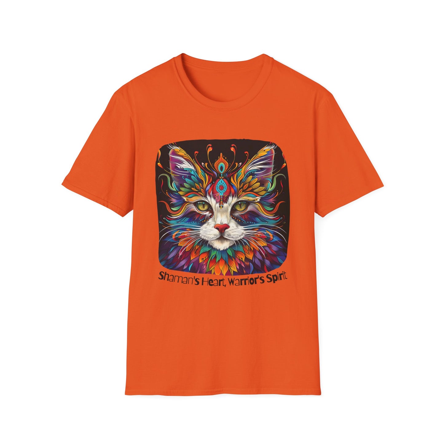 Shaman's Heart, Warrior's Spirit Graphic Cat Tee, Cat Lover's Graphic Tee Graphic Unisex T- Shirt, T-Shirt Cat Lovers Gift Softstyle T-Shirt Tee Teeshirt Stylized Cat