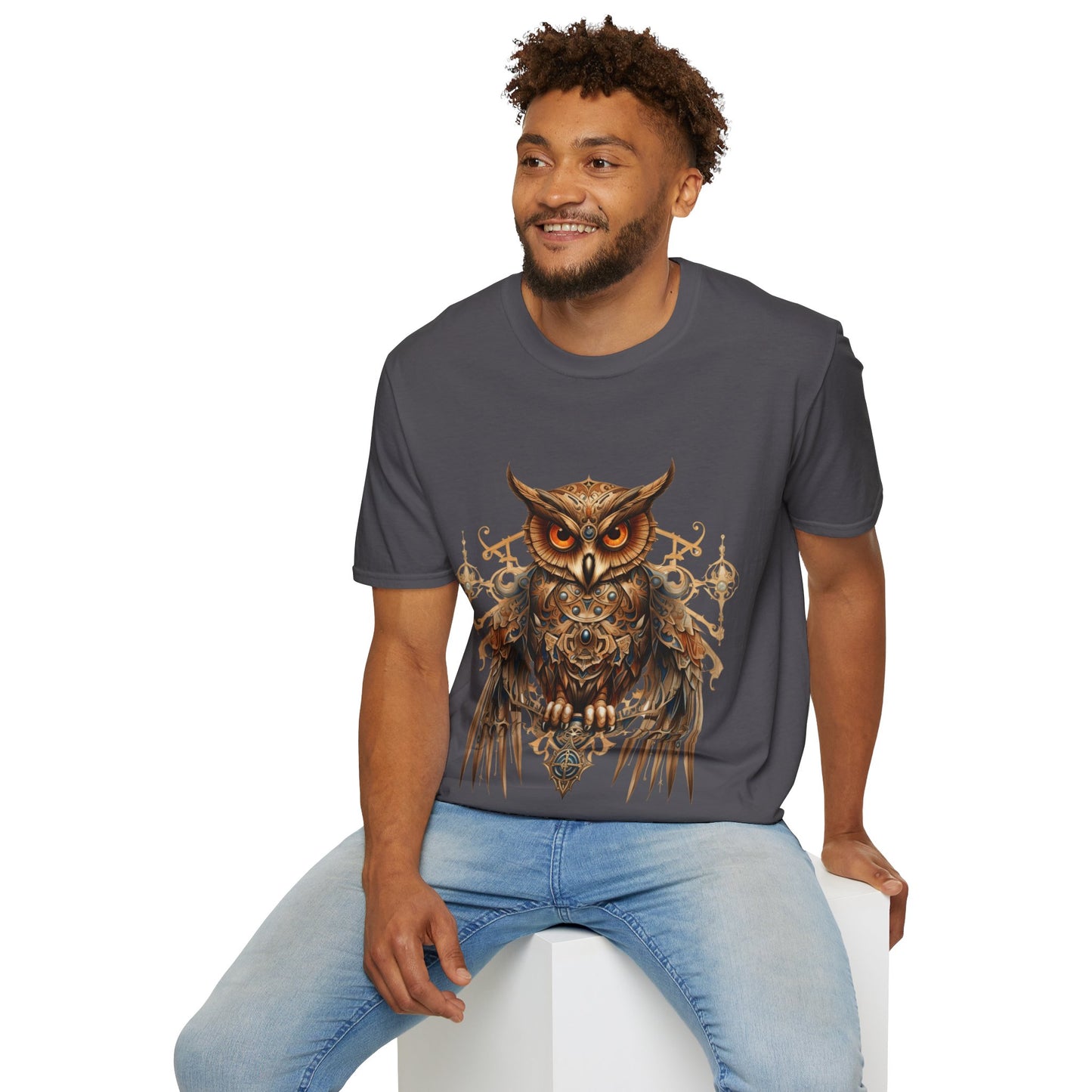 Steampunk Art Deco Style Owl II, Golden Owl Shirt, 1920's Owl Gift Unisex Tee Shirt, T-Shirt Softstyle T-Shirt Tee Teeshirt