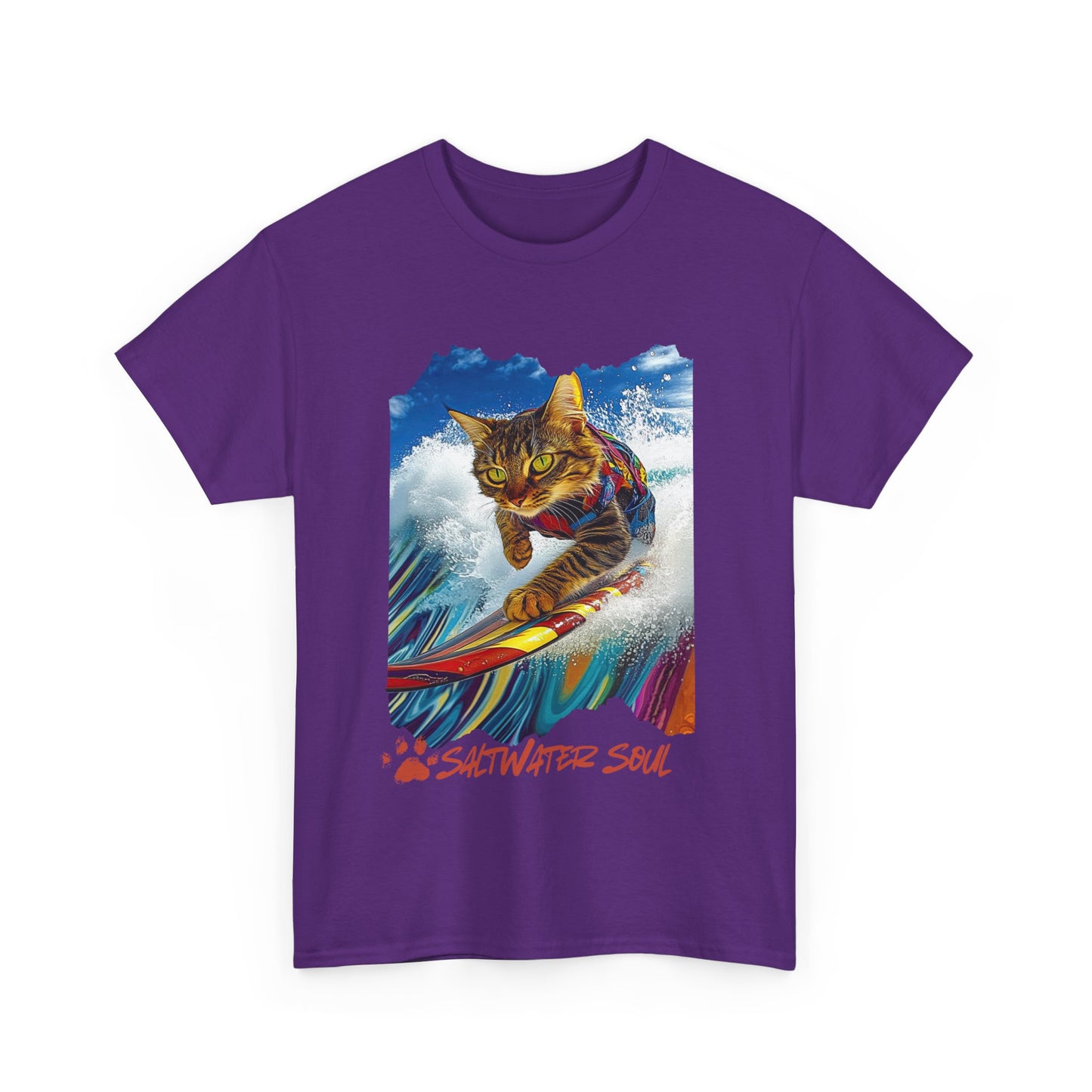 Saltwater Soul Surfer Cat, T-shirt, Cat on Surfboard Graphic Tee- Water Sports Cat Cat Art Gift - Cool Cats Unisex Heavy Cotton Tee T-Shirt