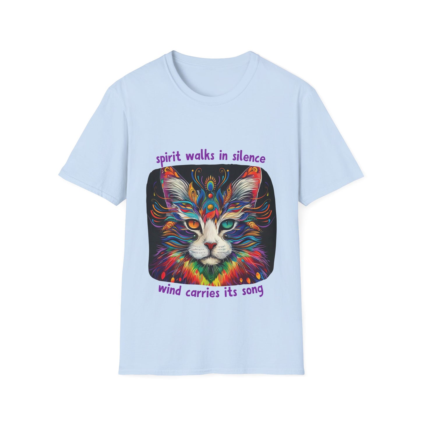 Spirit Walks in Silence, Wind Carries its Song - Shaman Graphic Cat Tee, Cat Lover's Graphic Tee Graphic Unisex T- Shirt, T-Shirt Cat Lovers Gift Softstyle T-Shirt Tee Teeshirt Stylized Cat