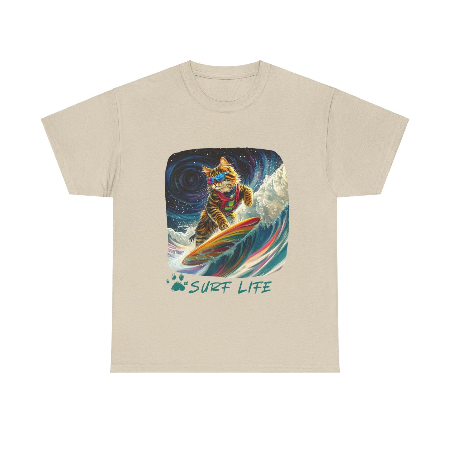Surf LIfe - Surfer Surfing Cat Graphic Tee, Cat on Surfboard - Shirt reads "Surf Life" Cats Art Gift - Cool Cats Unisex Heavy Cotton Tee T-Shirt