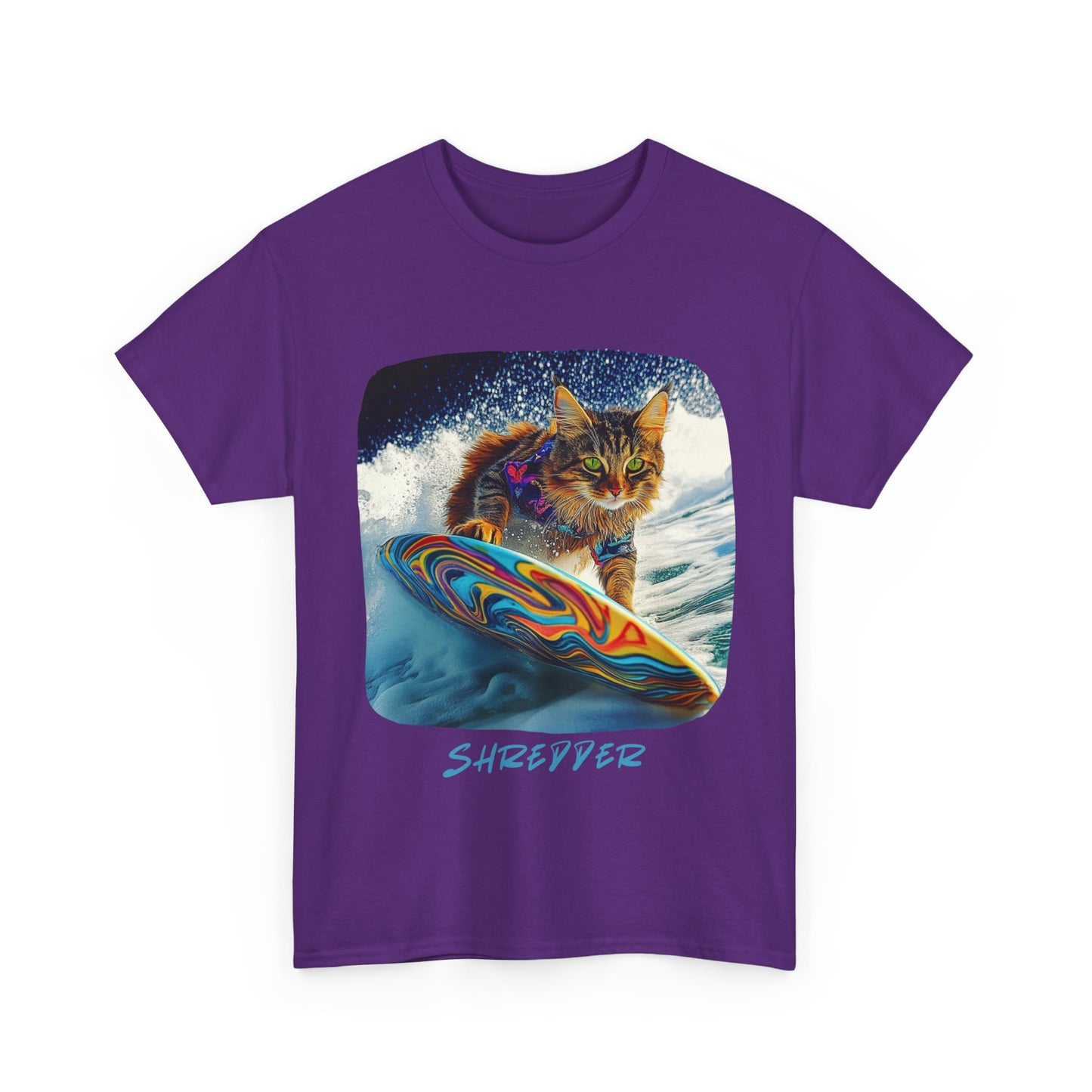 Shredder Surfer Cat, "Shredder" T-shirt, Cat on Surfboard Graphic Tee- Water Sports Cat (V1) Cat Art Gift - Cool Cats Unisex Heavy Cotton Tee T-Shirt