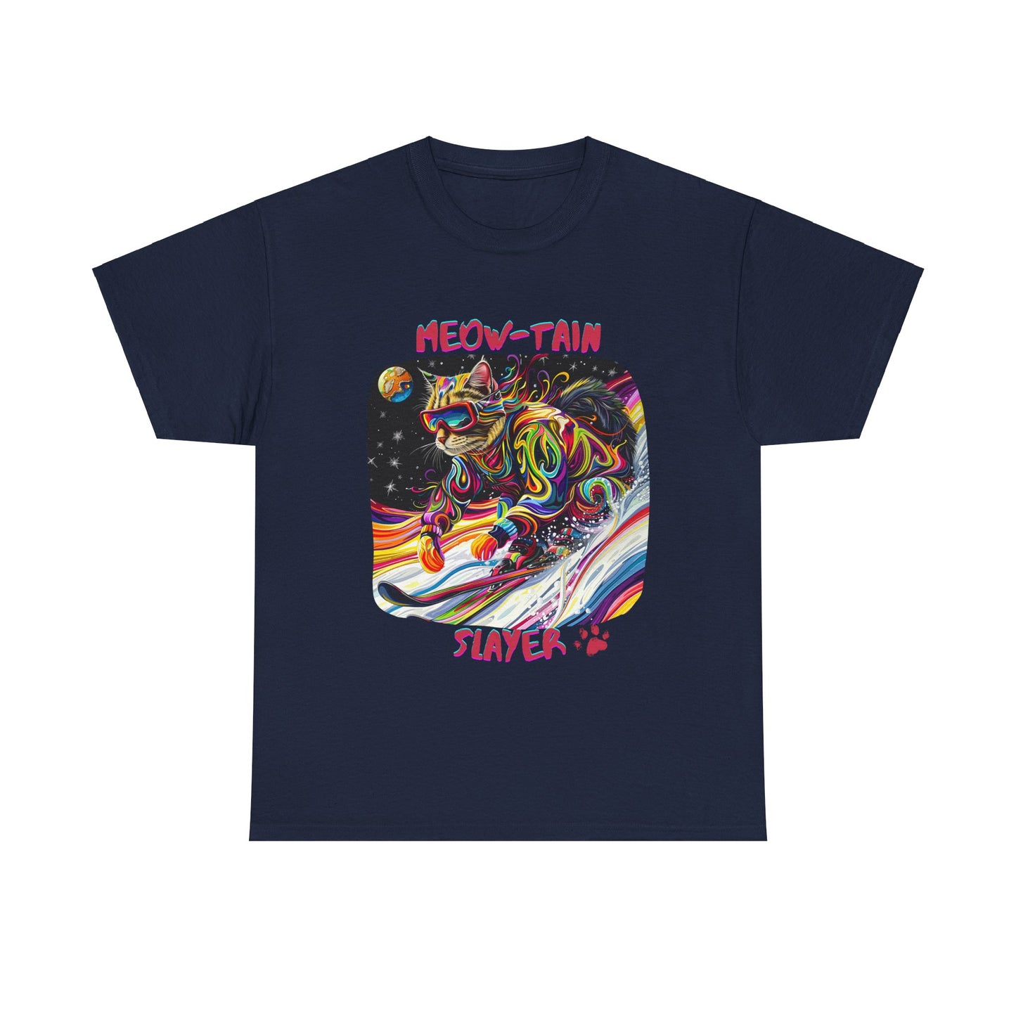 Meow-tain Slayer - Ski, Snow, Snowboard Winter Sports Cat Cat Art Graphic Tee, Ski Gift - Cool Cats Unisex Heavy Cotton Tee T-Shirt