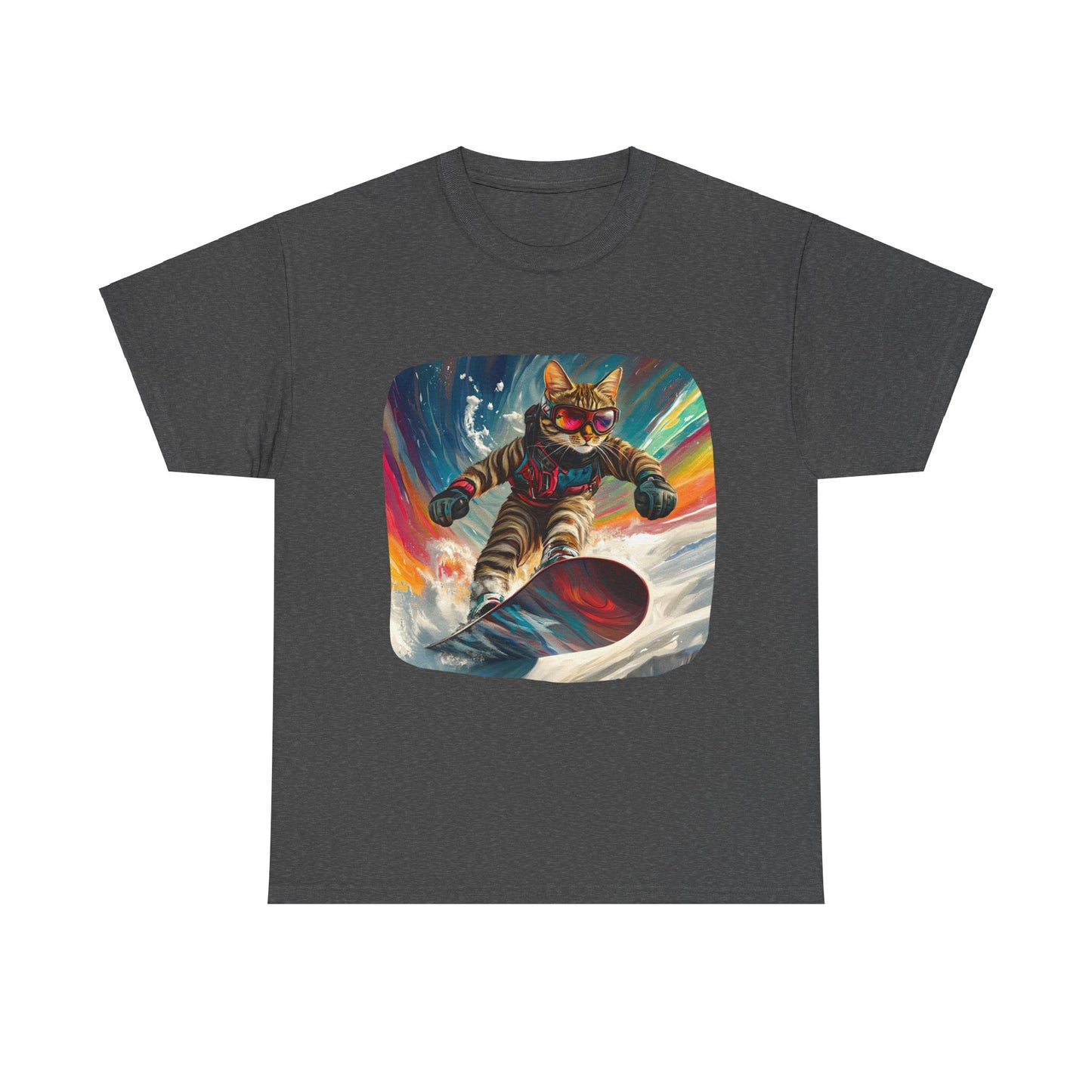 Snowboard Cat, (V2) Winter Apres Ski Cat Art Gift - Cool Cats Unisex Heavy Cotton Tee T-Shirt