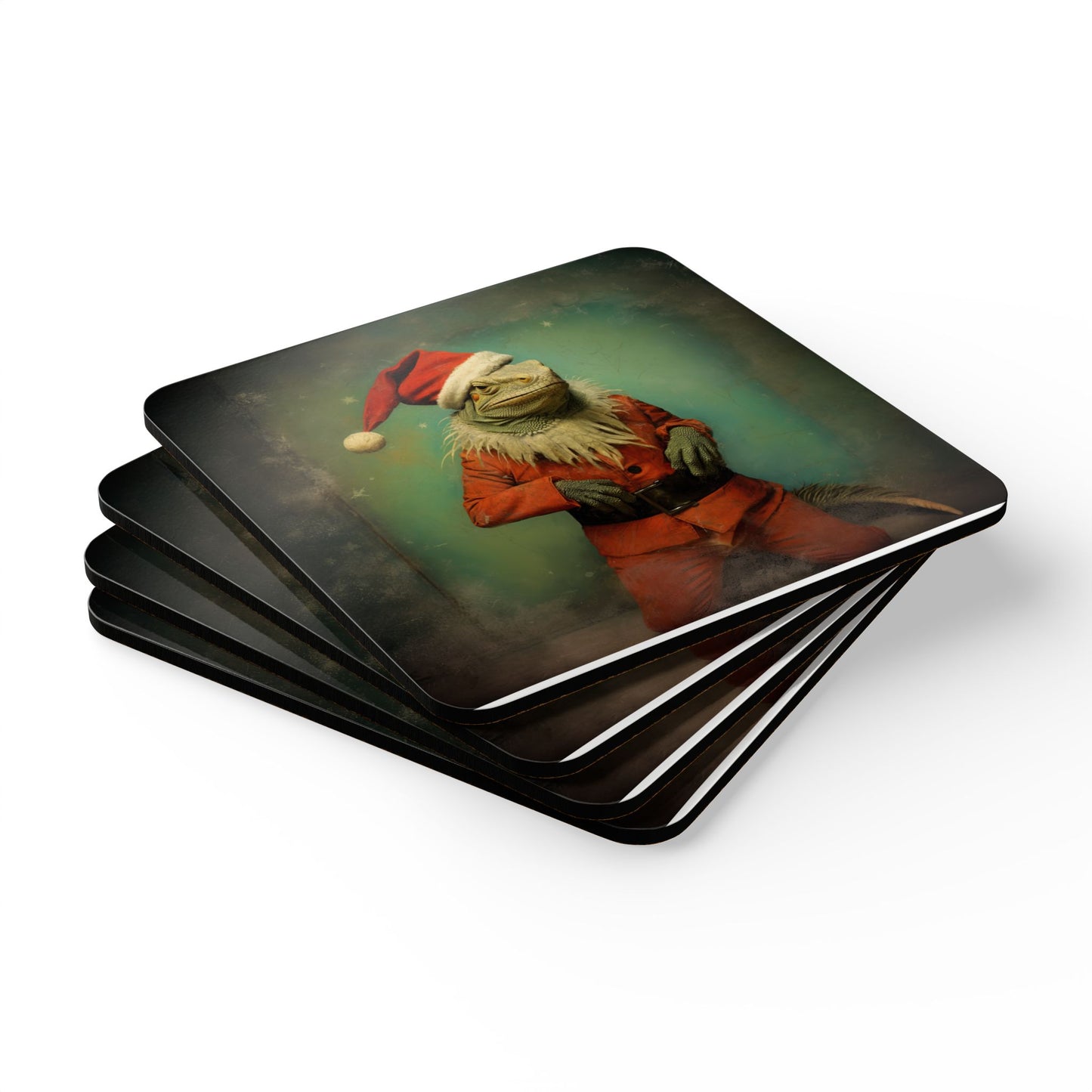 Lizard, Reptile, Iguana in Santa Suit, Texas, Souther Arizona Christmas Holiday Gift Corkwood Coaster Set, Bearded Dragon