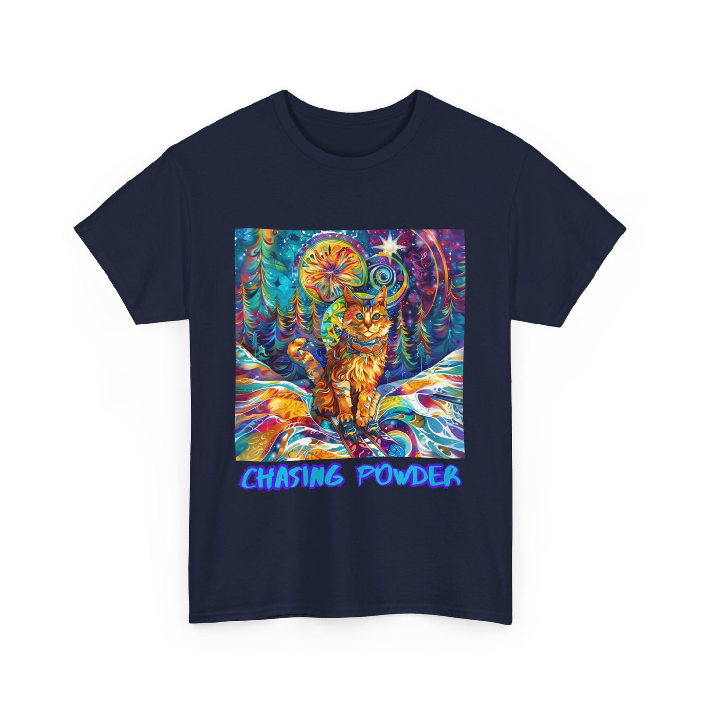 Chasing Powder - Snow, Snowboard Winter Sports Cat (V3) Cat Art Graphic Tee, Ski Gift - Cool Cats Unisex Heavy Cotton Tee T-Shirt