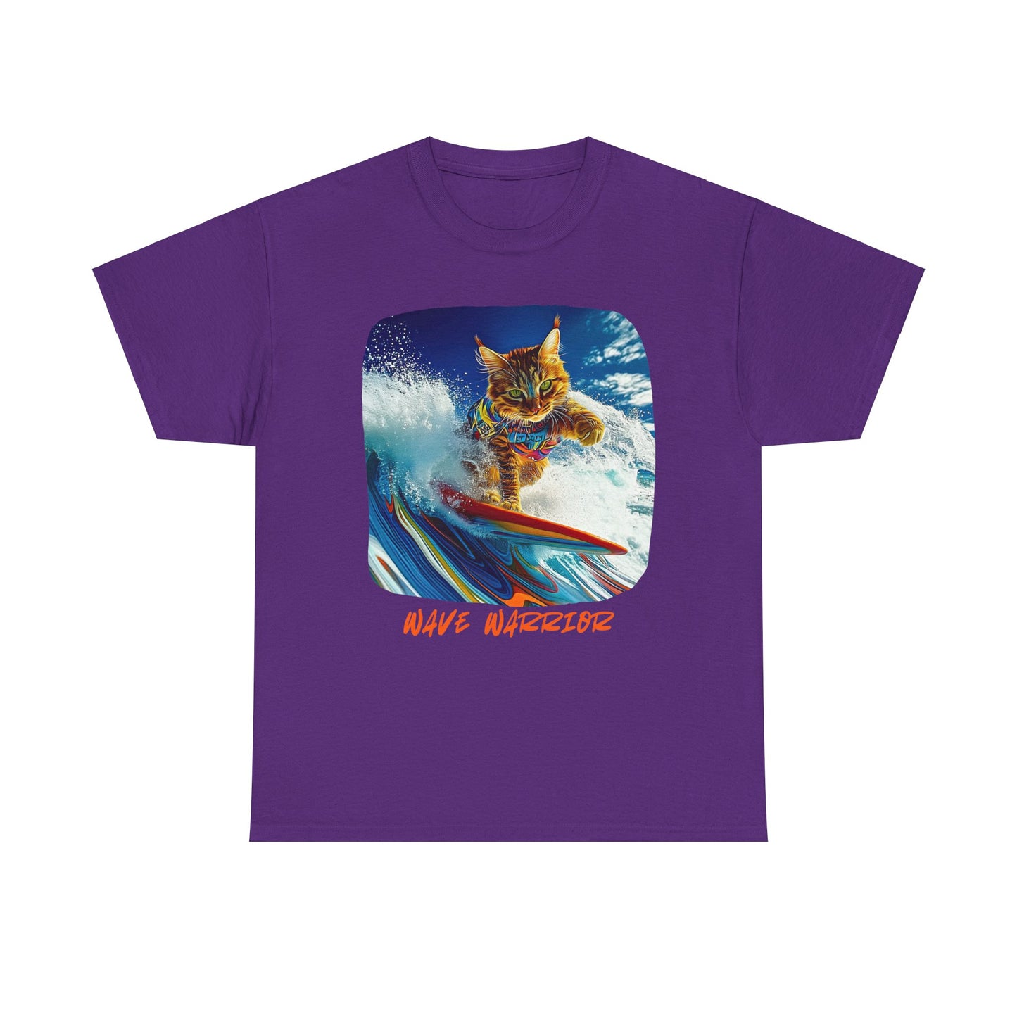 Wave Warrior Surfer Surfing Cat, Cat on Surfboard Graphic Tee reads "Wave Warrior" Surf Life Cat ,Art Gift - Cool Cats Unisex Heavy Cotton Tee T-Shirt