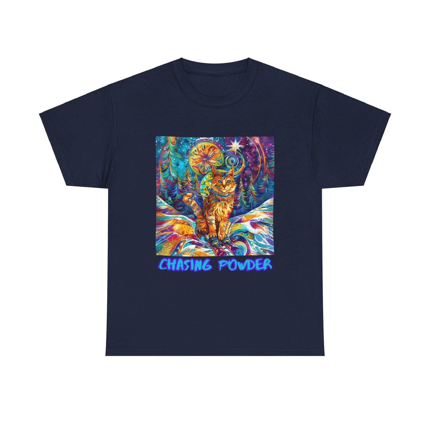 Chasing Powder - Snow, Snowboard Winter Sports Cat (V3) Cat Art Graphic Tee, Ski Gift - Cool Cats Unisex Heavy Cotton Tee T-Shirt