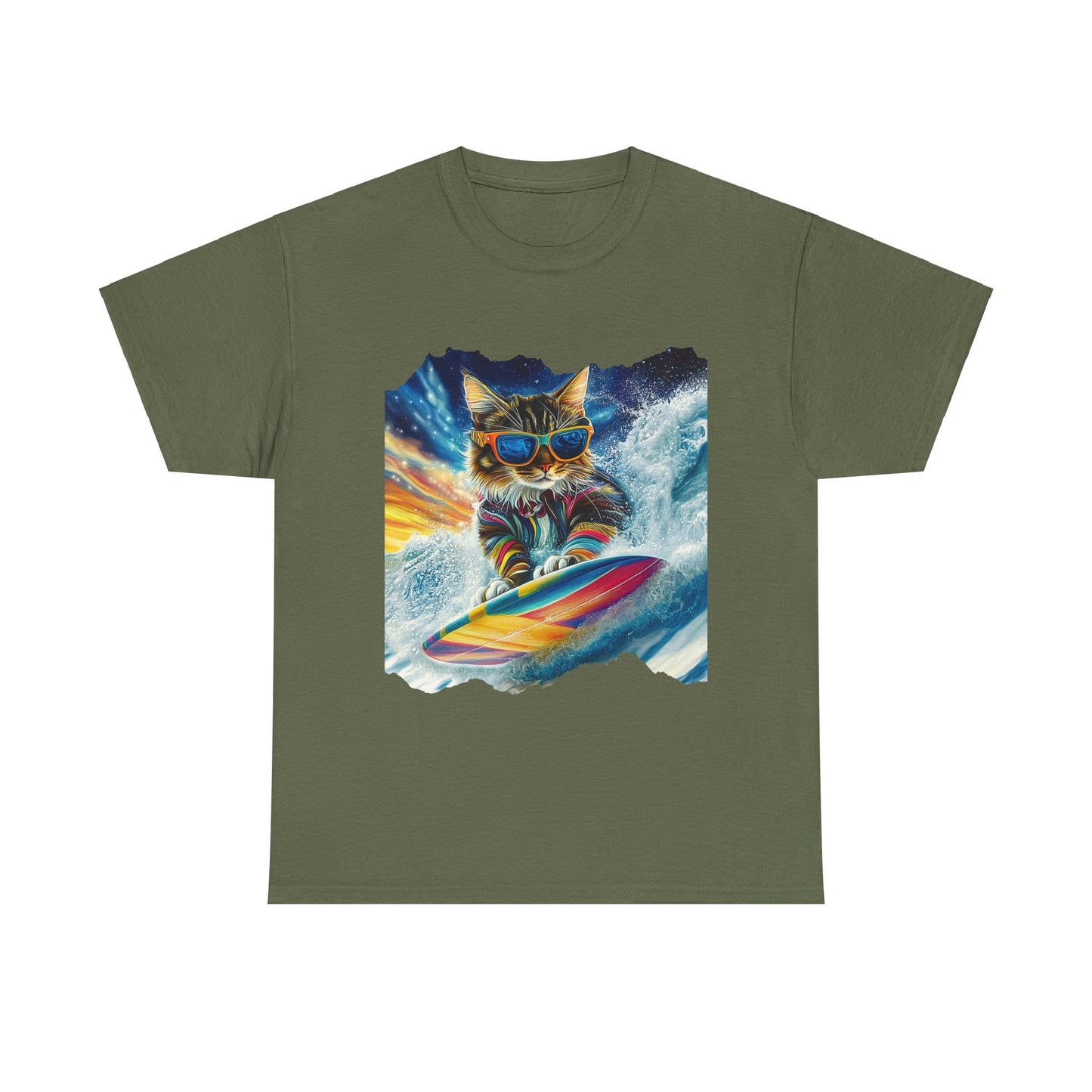 Surfer Surfing Cat, (Ver 2) Cat on Surfboard Graphic Tee- Water Sports Cat (V1) Cat Art Gift - Cool Cats Unisex Heavy Cotton Tee T-Shirt