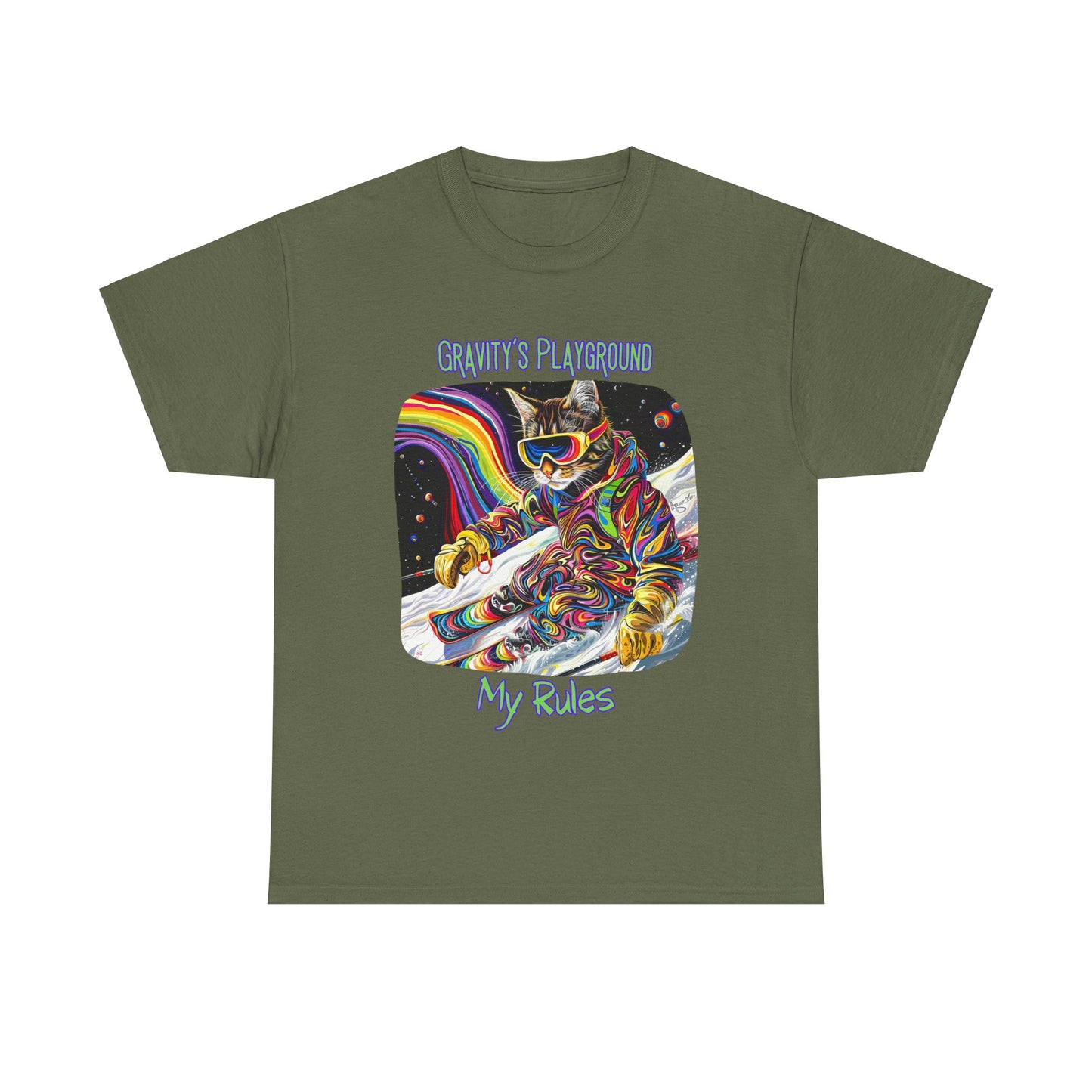 Gravity's Playground, My Rules - Ski, Snow, Snowboard Winter Sports Cat - Cat Graphic Tee Art Gift - Cool Cats Unisex Heavy Cotton Tee T-Shirt