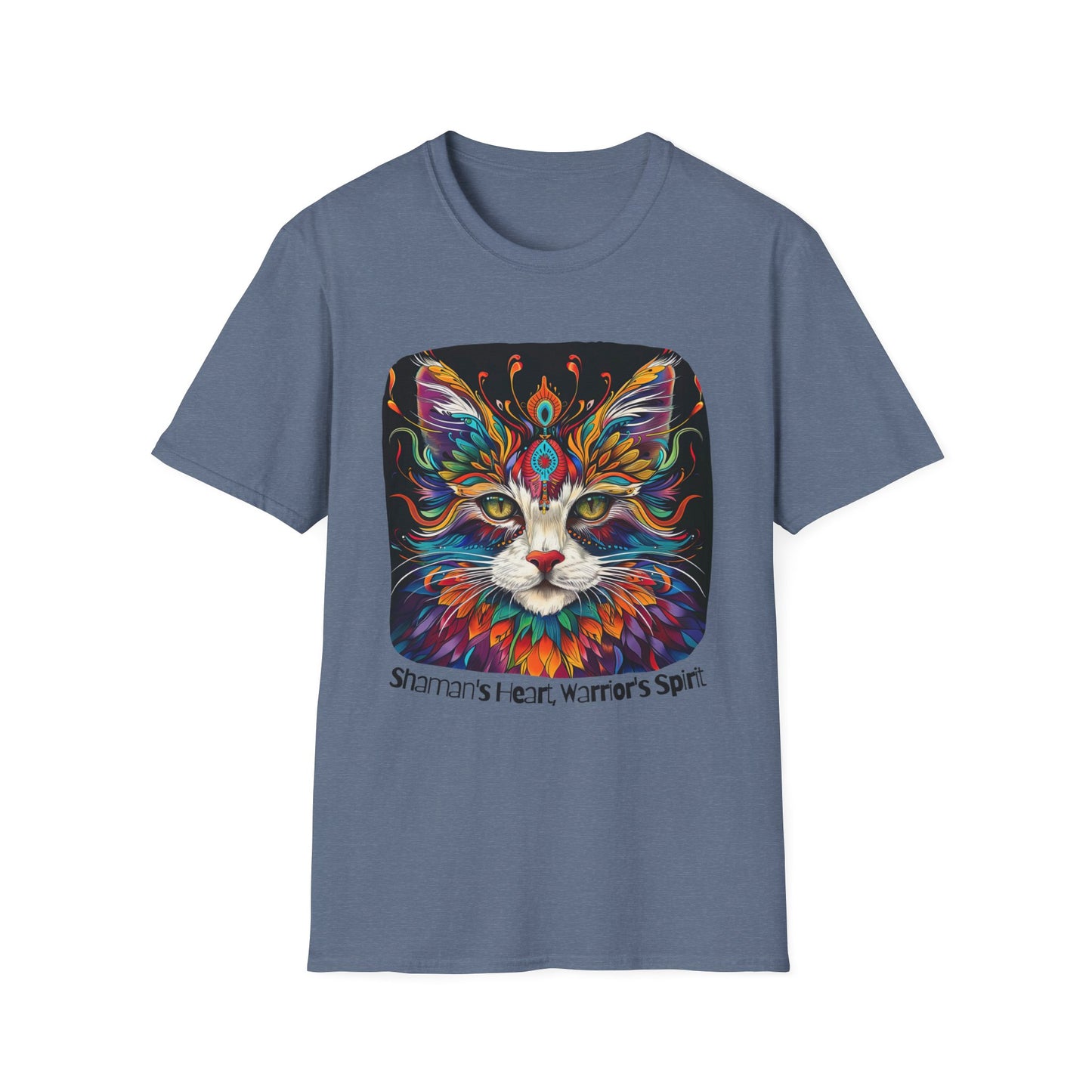 Shaman's Heart, Warrior's Spirit Graphic Cat Tee, Cat Lover's Graphic Tee Graphic Unisex T- Shirt, T-Shirt Cat Lovers Gift Softstyle T-Shirt Tee Teeshirt Stylized Cat