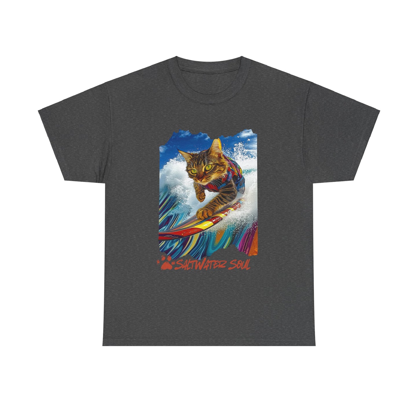 Saltwater Soul Surfer Cat, T-shirt, Cat on Surfboard Graphic Tee- Water Sports Cat Cat Art Gift - Cool Cats Unisex Heavy Cotton Tee T-Shirt