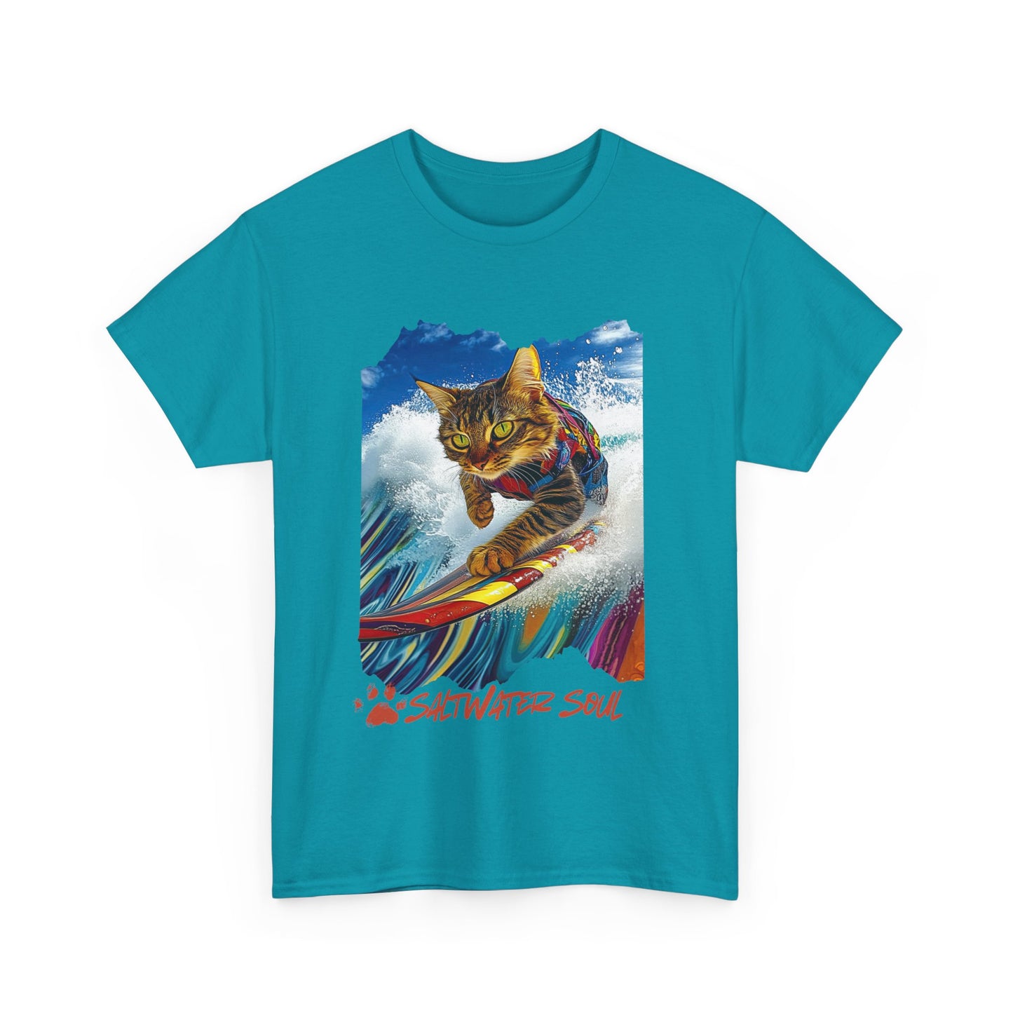 Saltwater Soul Surfer Cat, T-shirt, Cat on Surfboard Graphic Tee- Water Sports Cat Cat Art Gift - Cool Cats Unisex Heavy Cotton Tee T-Shirt