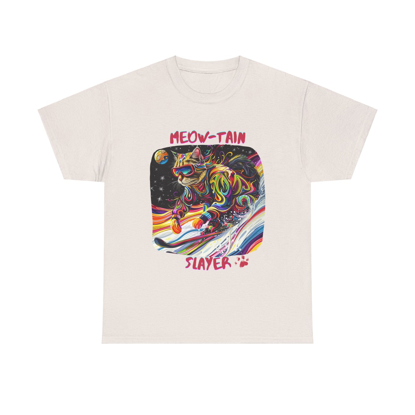 Meow-tain Slayer - Ski, Snow, Snowboard Winter Sports Cat Cat Art Graphic Tee, Ski Gift - Cool Cats Unisex Heavy Cotton Tee T-Shirt