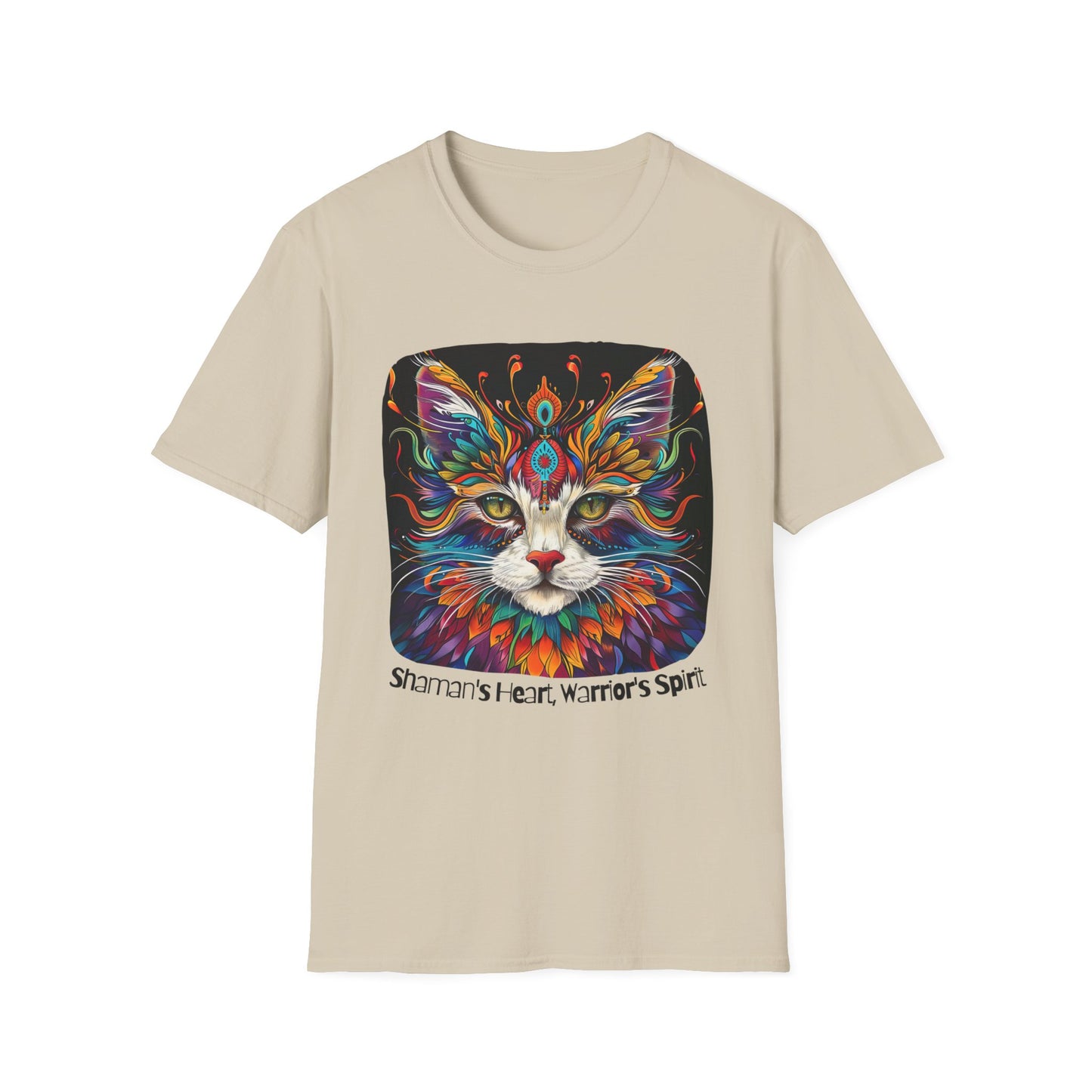Shaman's Heart, Warrior's Spirit Graphic Cat Tee, Cat Lover's Graphic Tee Graphic Unisex T- Shirt, T-Shirt Cat Lovers Gift Softstyle T-Shirt Tee Teeshirt Stylized Cat