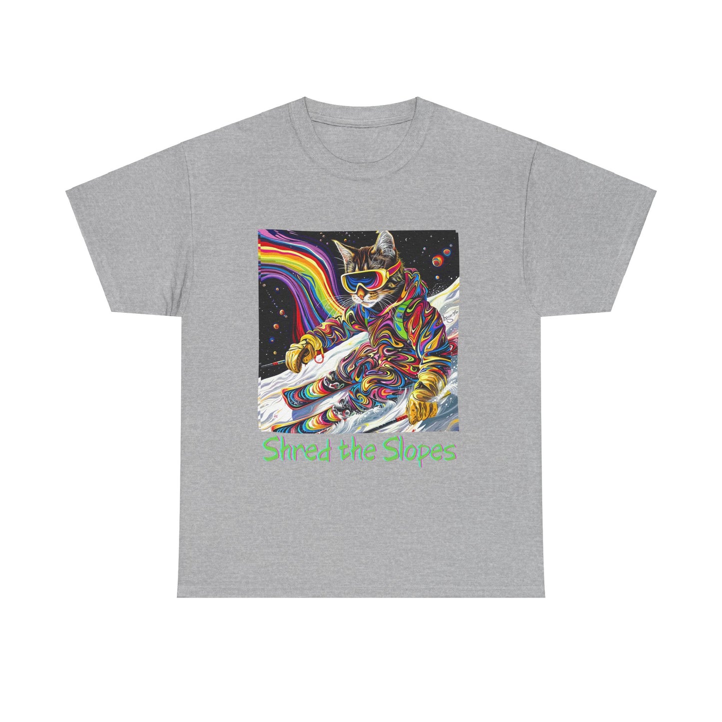 Shred the Slopes - Ski, Snow, Snowboard Winter Sports Cat Cat Art Graphic Tee, Ski Gift - Cool Cats Unisex Heavy Cotton Tee T-Shirt
