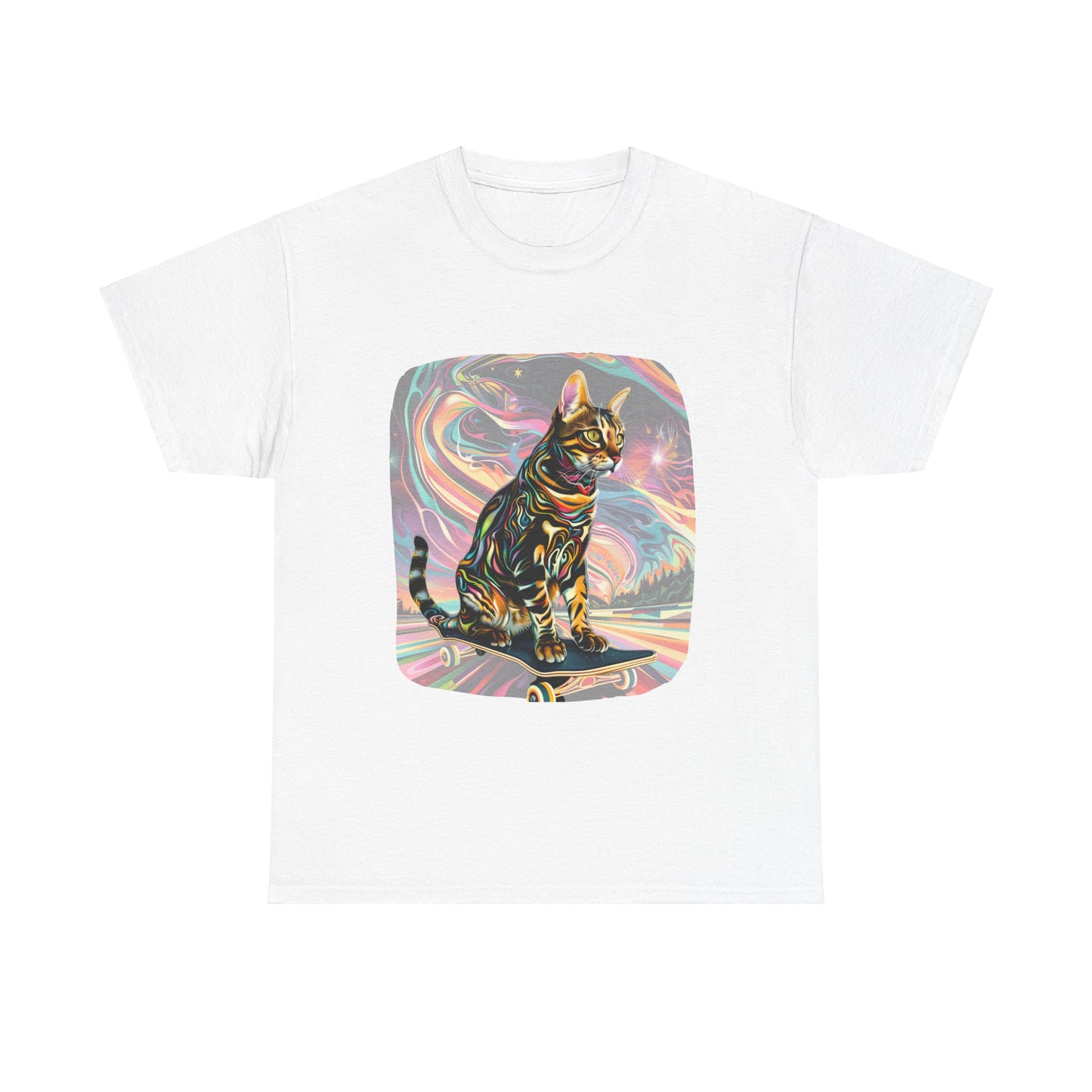 Skateboard Cat, (V2) Skater Cat Art Gift - Cool Cats Unisex Heavy Cotton Tee T-Shirt