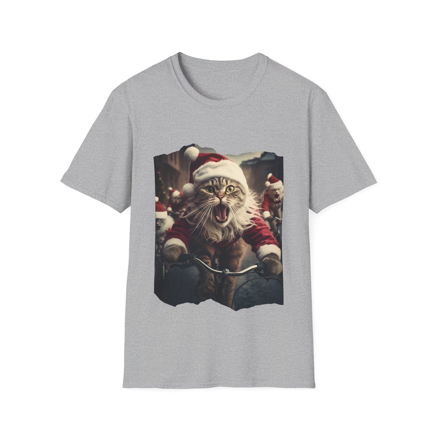 Screaming Cats on Bikes Holiday Christmas Cat Shirt, Cat Lover's Graphic Tee Graphic Unisex T- Shirt, T-Shirt Cat Lovers Gift Softstyle T-Shirt Tee Christmas JumperTeeshirt Stylized Cat