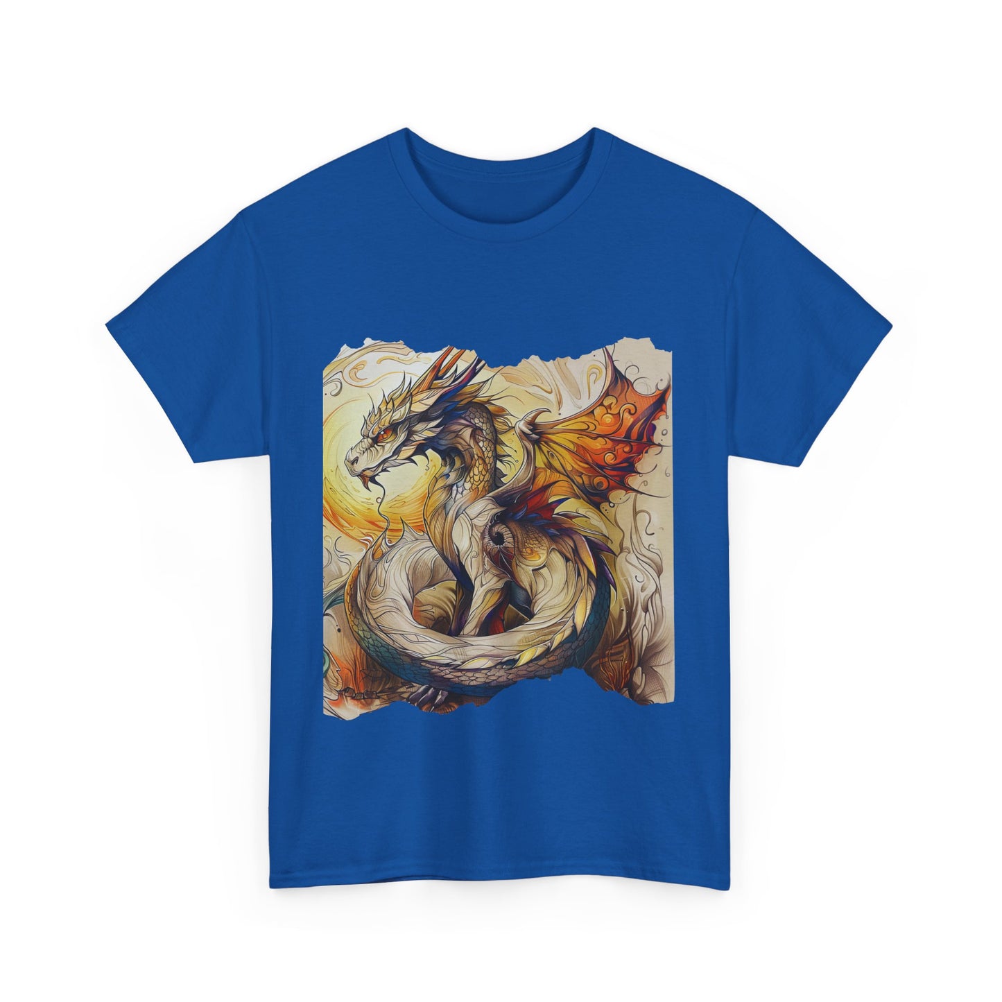 Dragons Yellow Sun Graphic Tee - Dragons and Ancestors - Dragon Lovers Unisex Heavy Cotton Tee T-Shirt