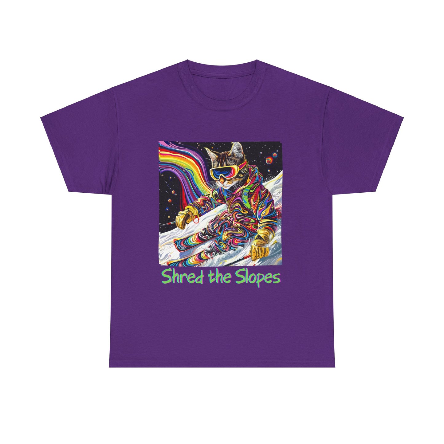 Shred the Slopes - Ski, Snow, Snowboard Winter Sports Cat Cat Art Graphic Tee, Ski Gift - Cool Cats Unisex Heavy Cotton Tee T-Shirt